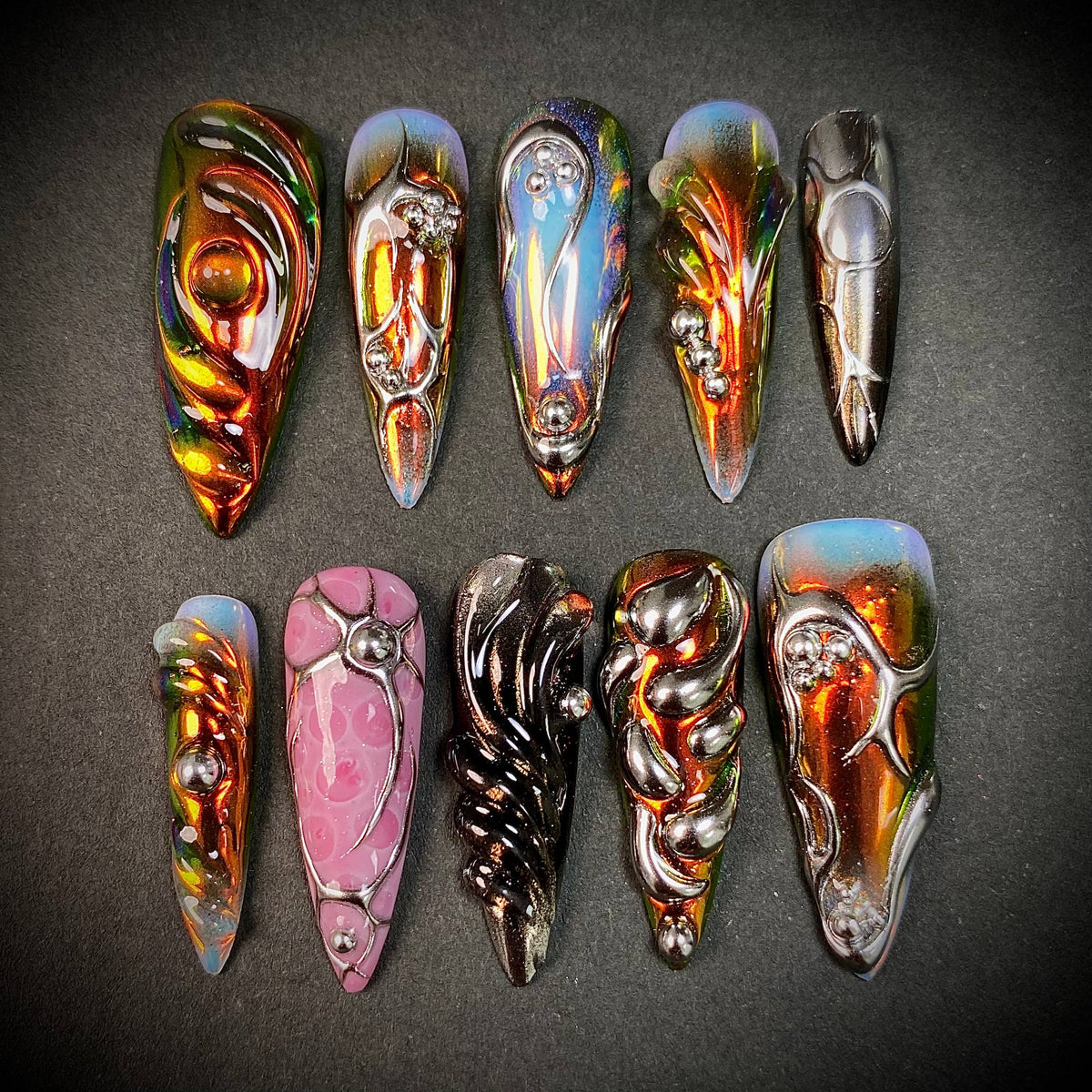 Colorful Chrome Y2K Press-On Nails – Silver 3D Metallic Futuristic Fake Nails