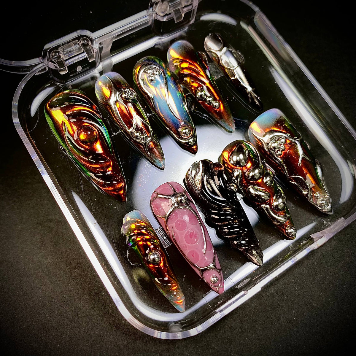 Colorful Chrome Y2K Press-On Nails – Silver 3D Metallic Futuristic Fake Nails