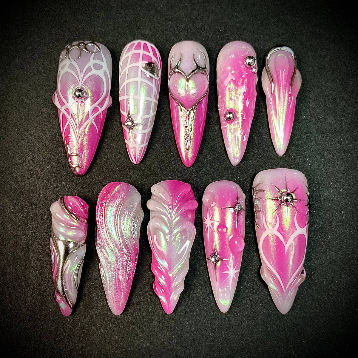 Pink Chrome Y2K Press-On Nails – 3D Heart Web Futuristic Fairy Fake Nails