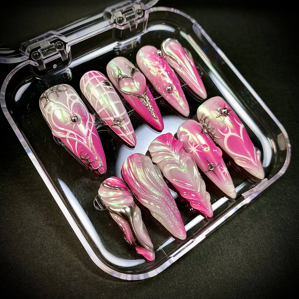 Pink Chrome Y2K Press-On Nails – 3D Heart Web Futuristic Fairy Fake Nails