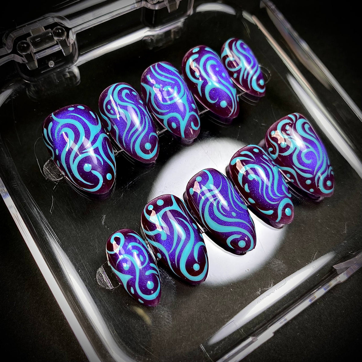 Purple Blue Swirl Press-On Nails – Y2K Tribal Abstract Handmade Fake Nails