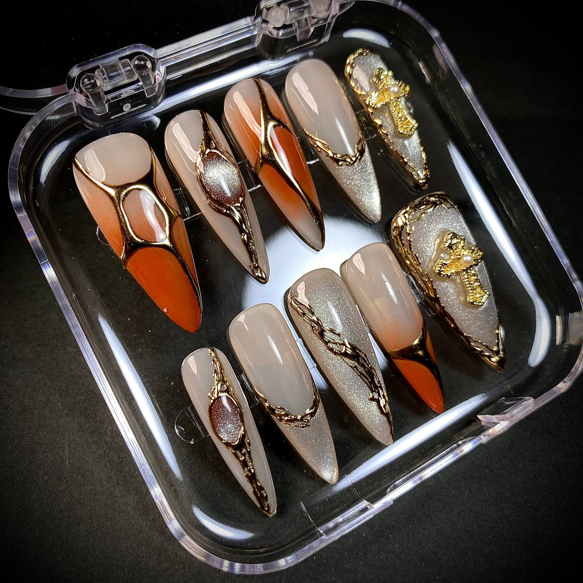 Gold Chrome Cross Press-On Nails – Orange Silver 3D Gothic Luxury Fake Nails
