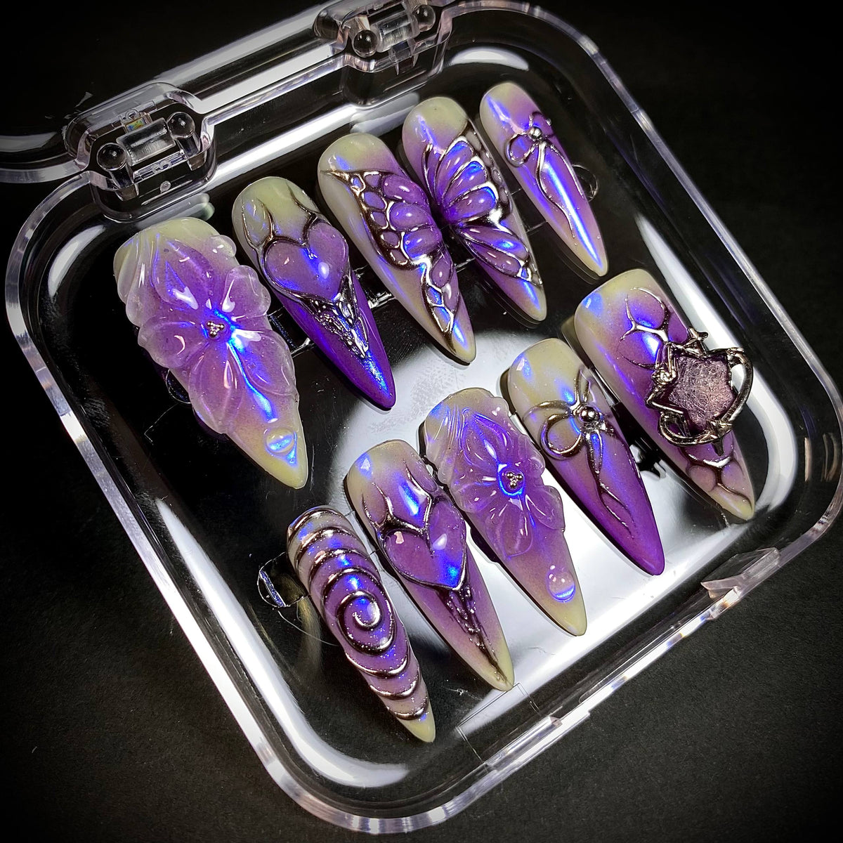 Purple Chrome 3D Press-On Nails – Heart Flower Butterfly Celestial Y2K Fake Nails