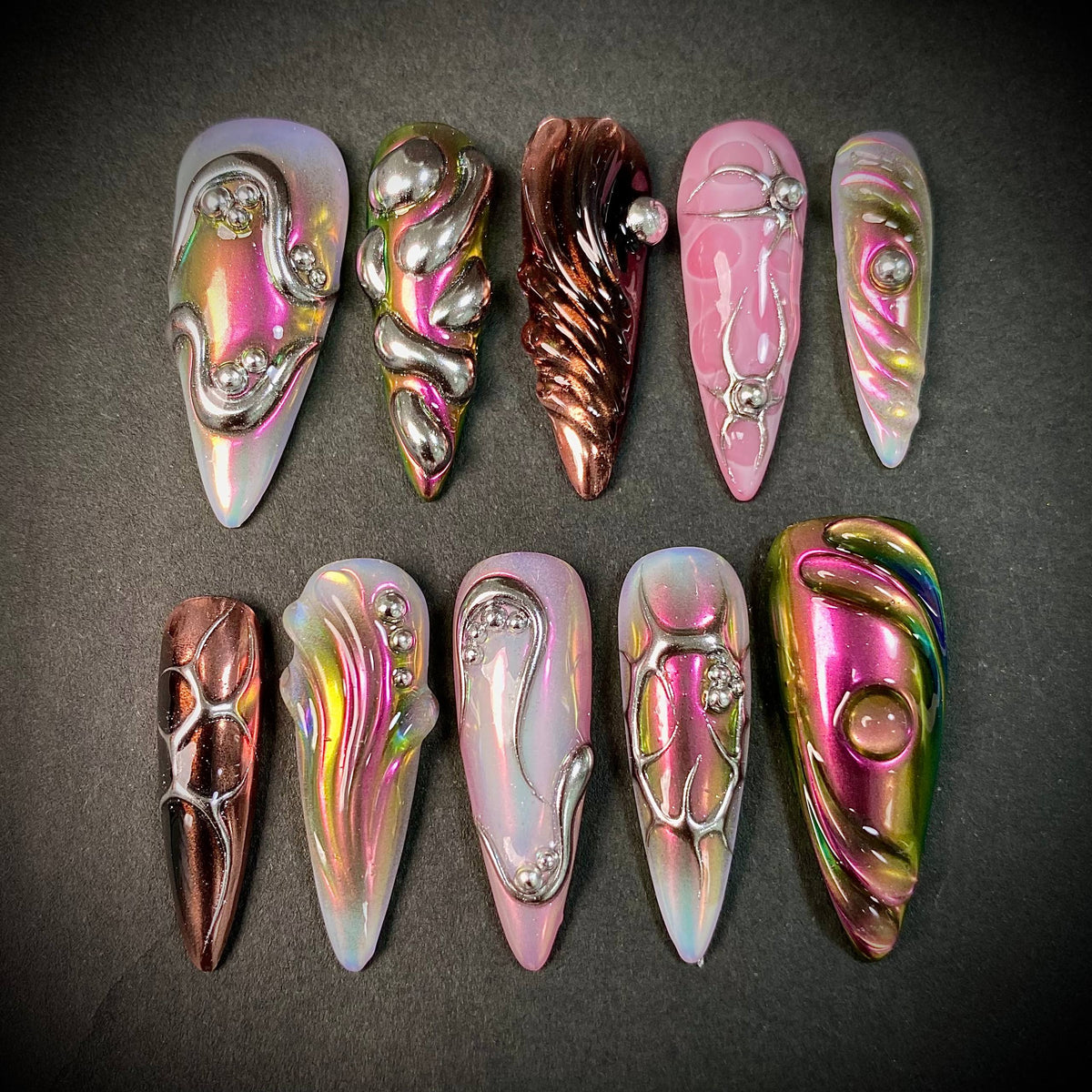 Pink Chrome Y2K Press-On Nails – Silver 3D Metallic Iridescent Futuristic Fake Nails