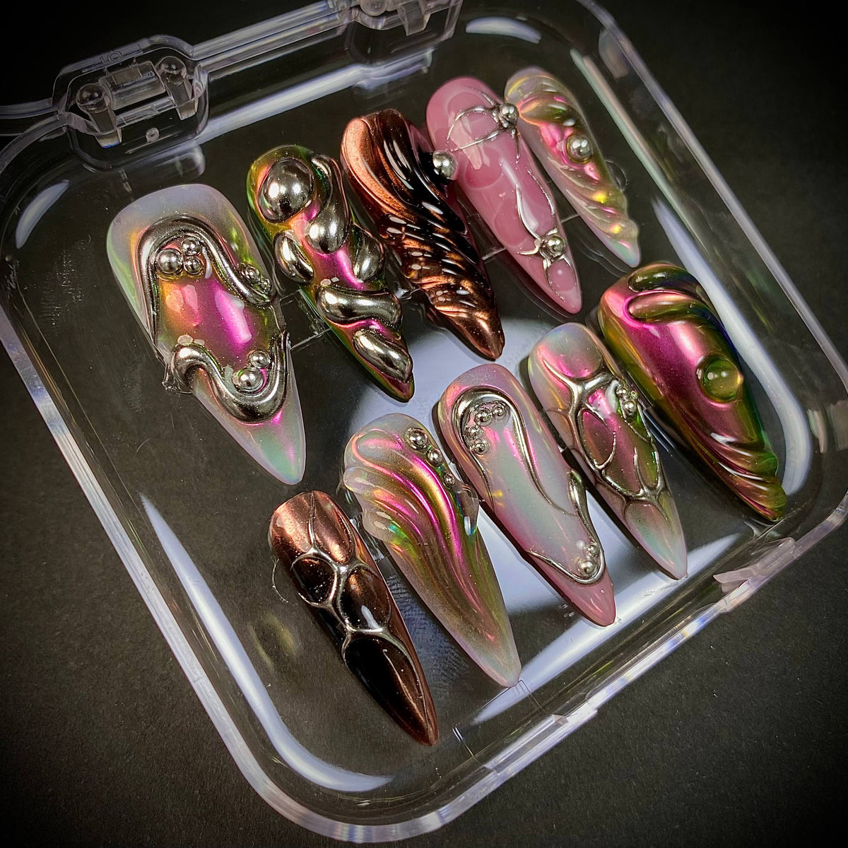 Pink Chrome Y2K Press-On Nails – Silver 3D Metallic Iridescent Futuristic Fake Nails