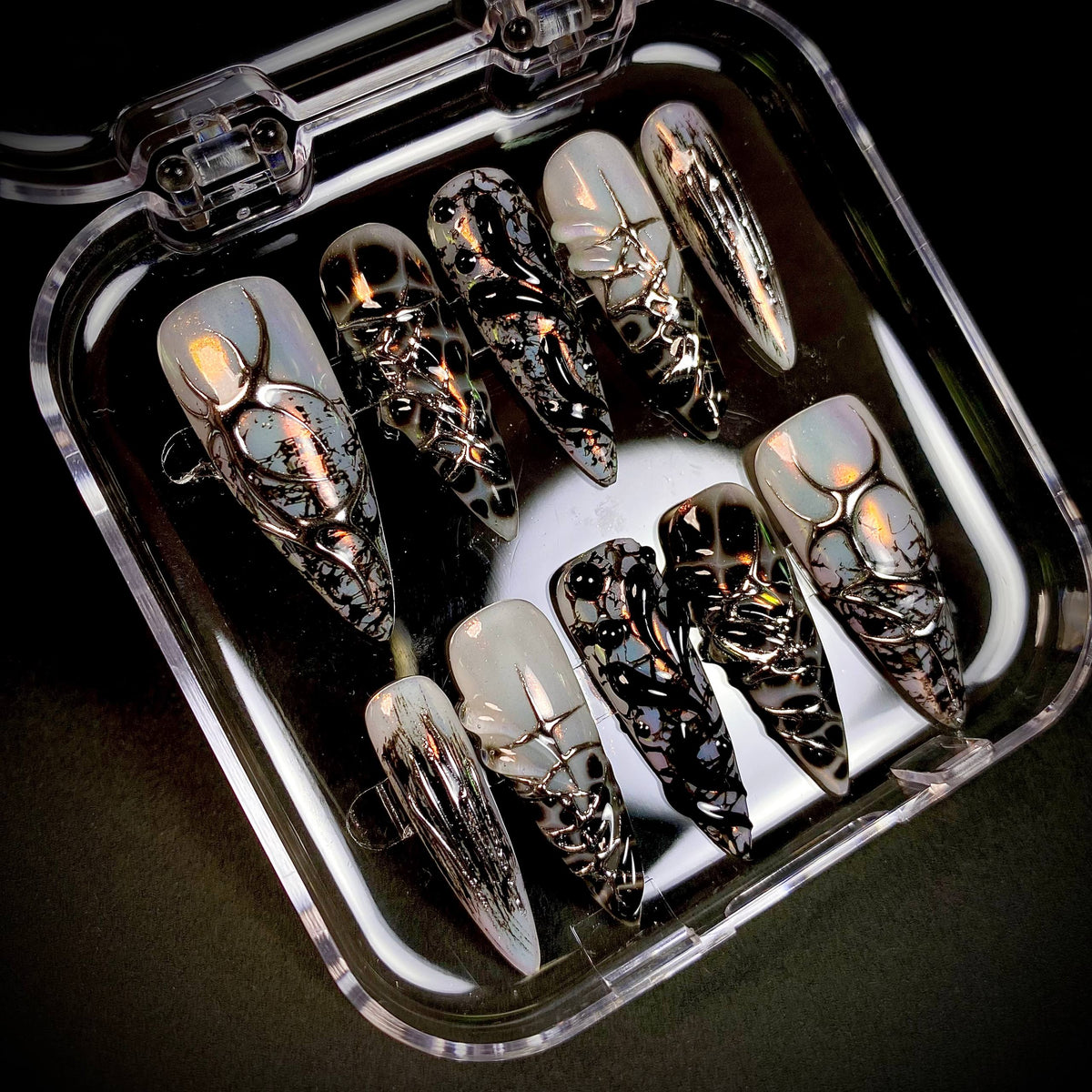 Black Silver Chrome Press-On Nails – Abstract 3D Dark Y2K Futuristic Fake Nails