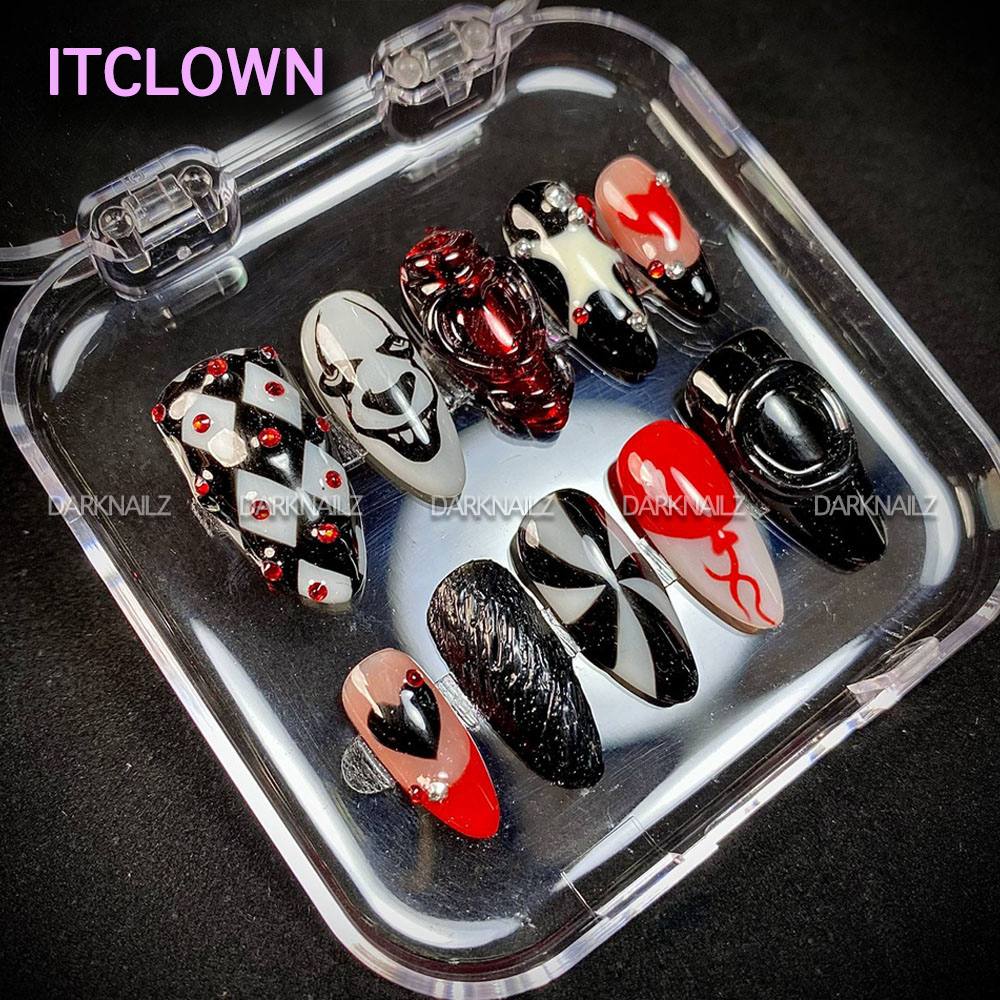 IT Clown Horror Press-On Nails – Red Black White 3D Halloween Fake Nails