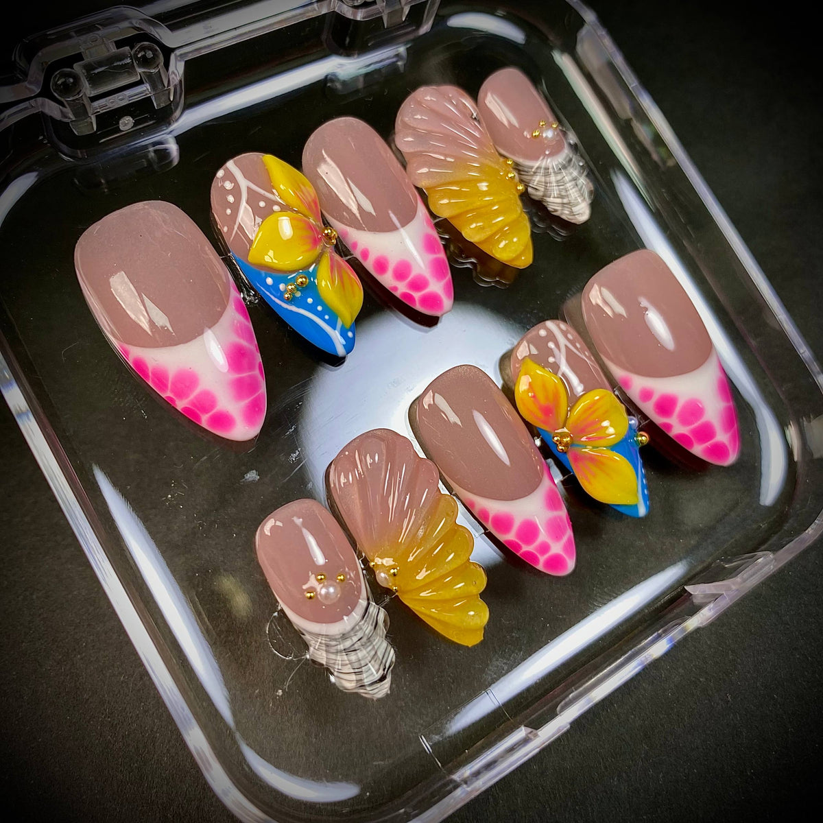 Tropical Butterfly French Press-On Nails – Pink Yellow 3D Summer Fake Nails