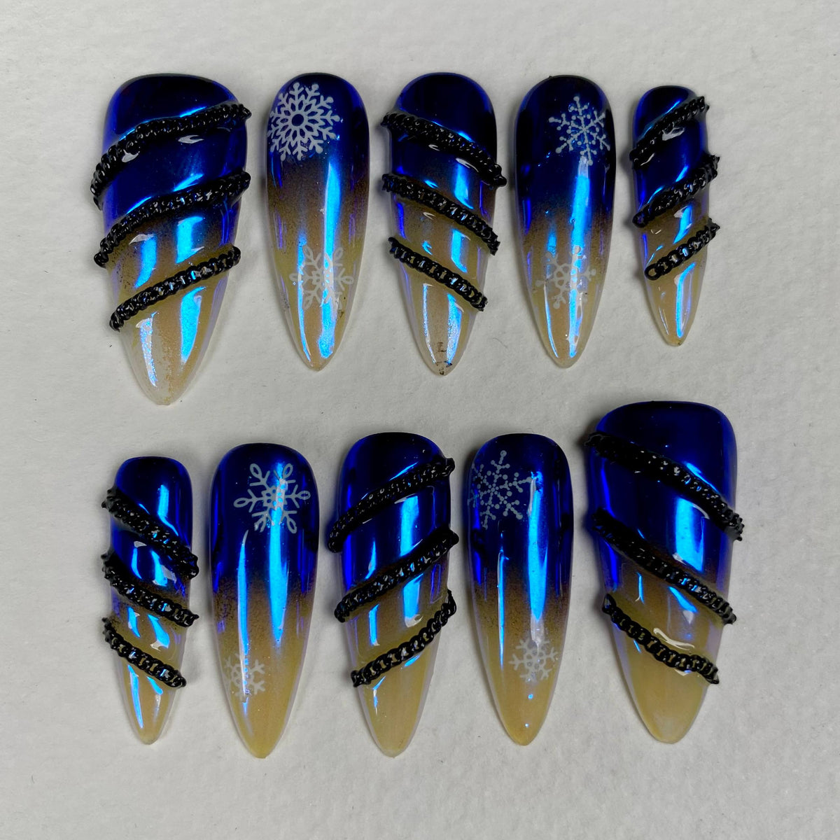 Midnight Blue Chrome Christmas Press-On Nails – 3D Black Chain Snowflake Gothic Winter Fake Nails
