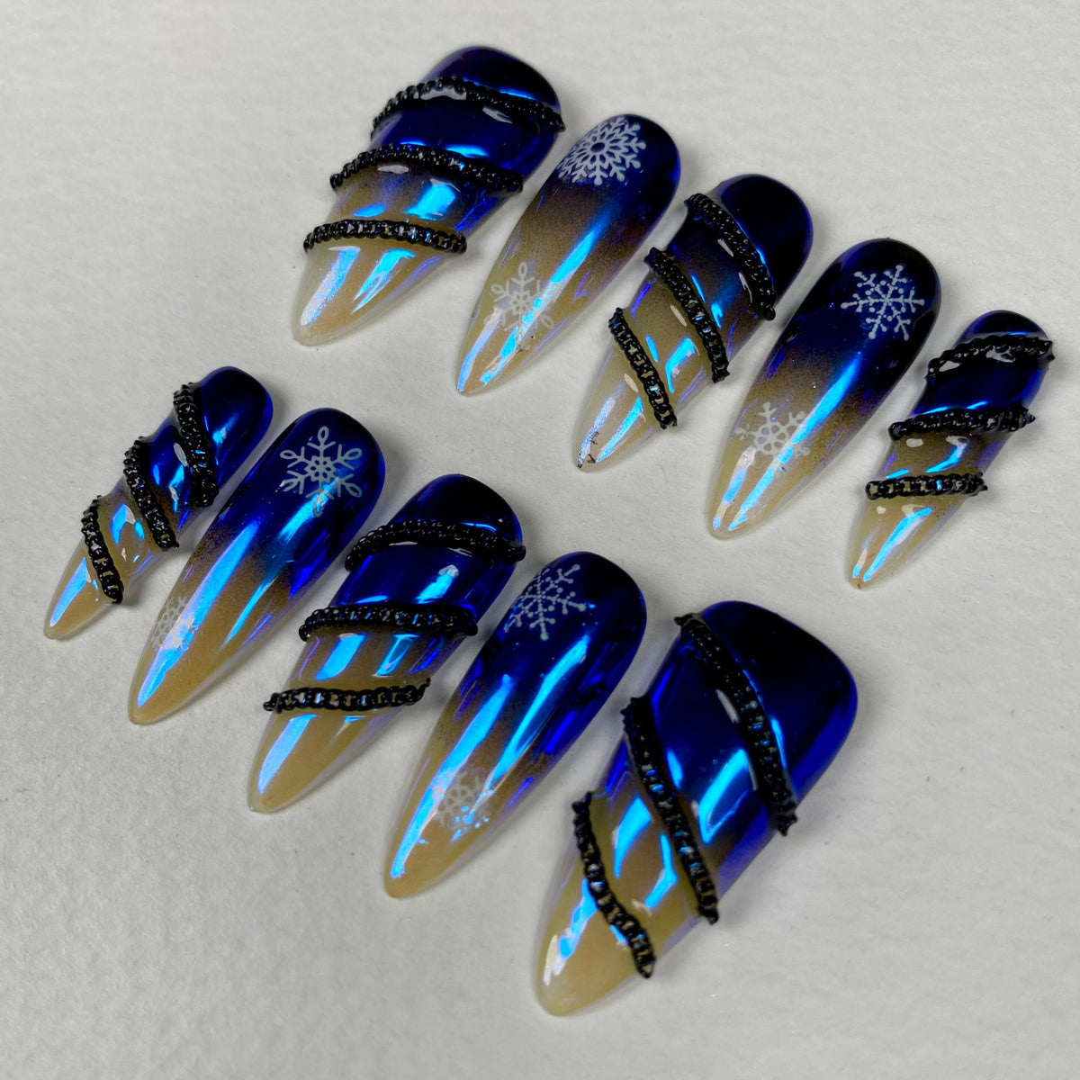 Midnight Blue Chrome Christmas Press-On Nails – 3D Black Chain Snowflake Gothic Winter Fake Nails