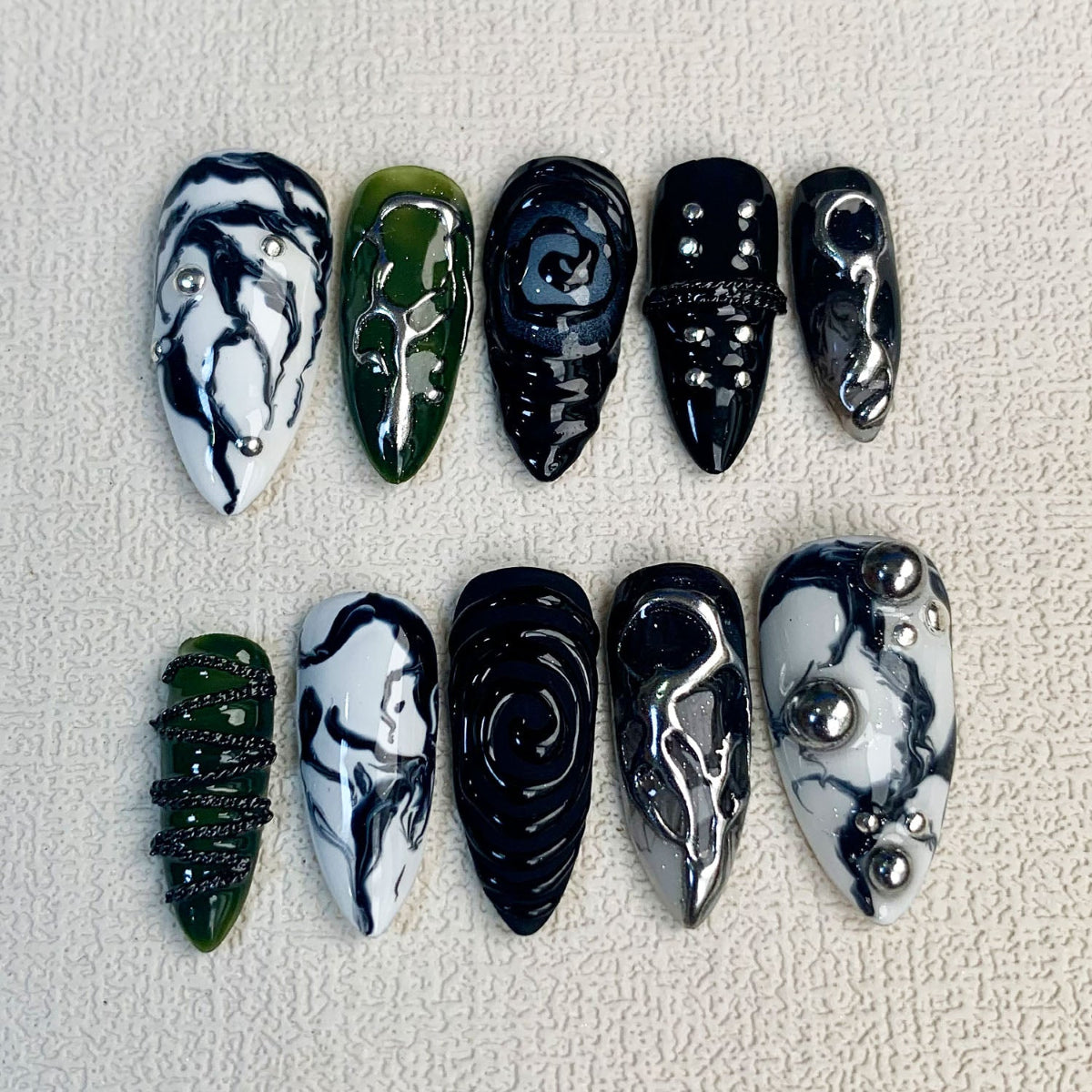 Black Press On Nails, Marble Gothic Punk Rock Nails, Goth Green Y2K Fake Nails