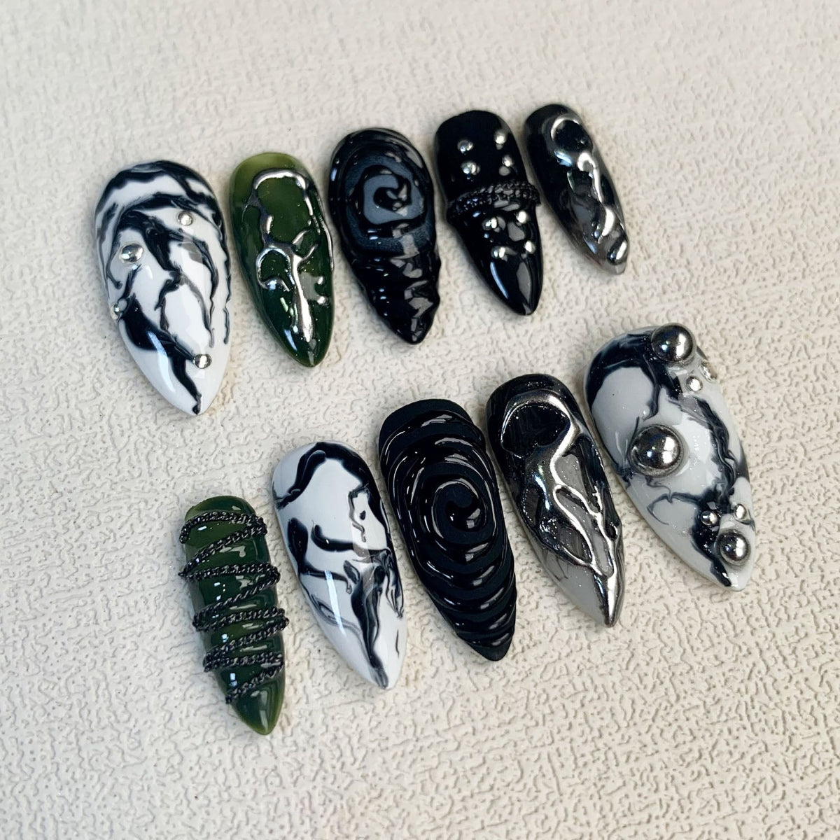 Black Press On Nails, Marble Gothic Punk Rock Nails, Goth Green Y2K Fake Nails