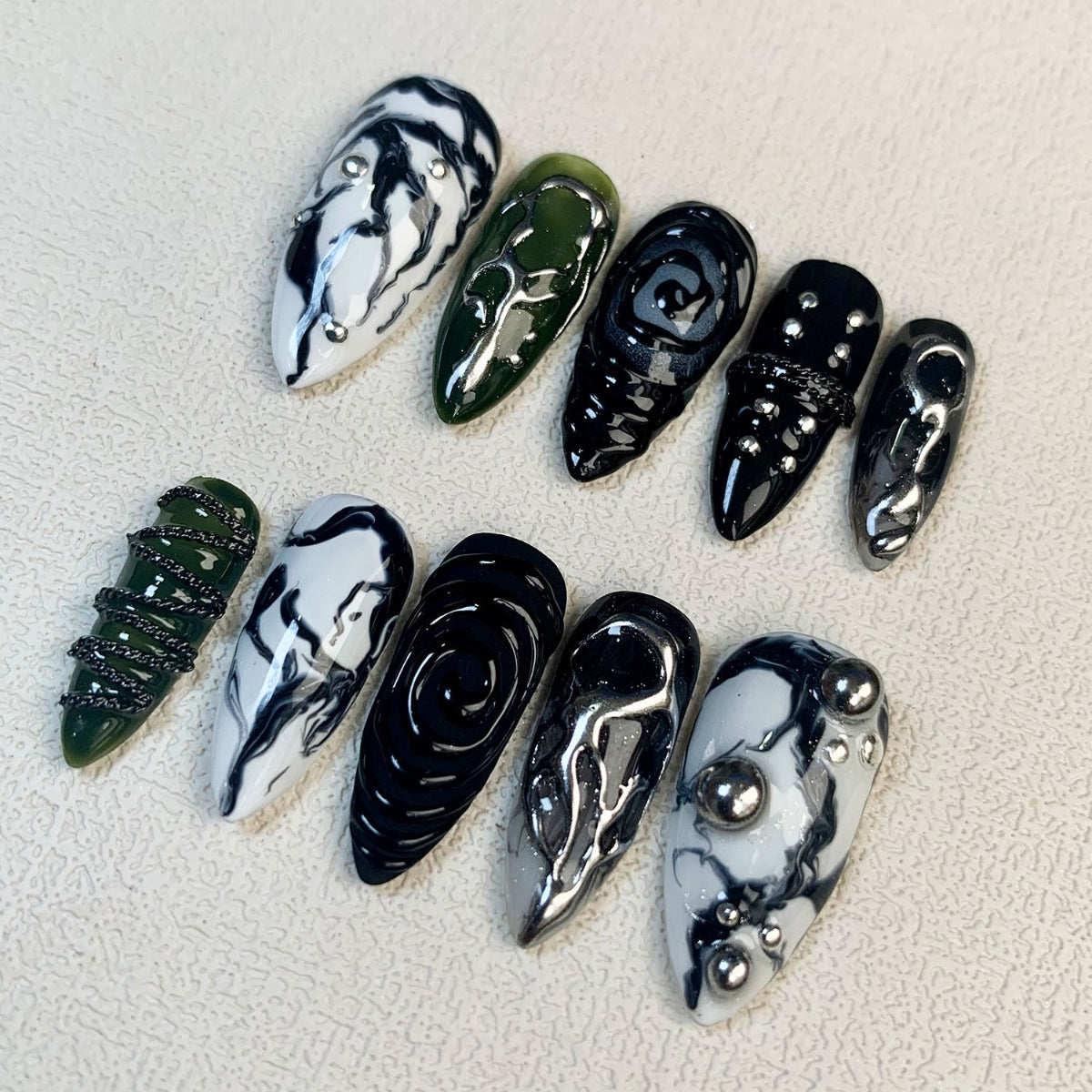 Black Press On Nails, Marble Gothic Punk Rock Nails, Goth Green Y2K Fake Nails