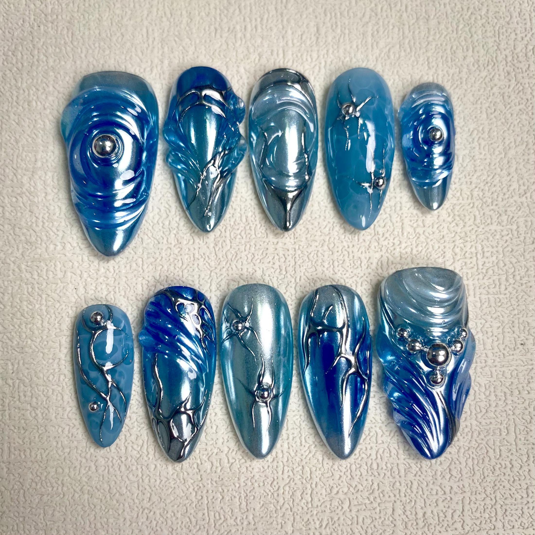 Light Blue Mirrored Chrome Press On Nails, Y2K Style Fake Nails