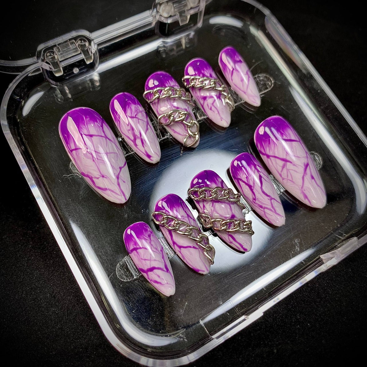 Purple Vein Chain Press-On Nails – Blood Vessel 3D Silver Chain Gothic Fake Nails
