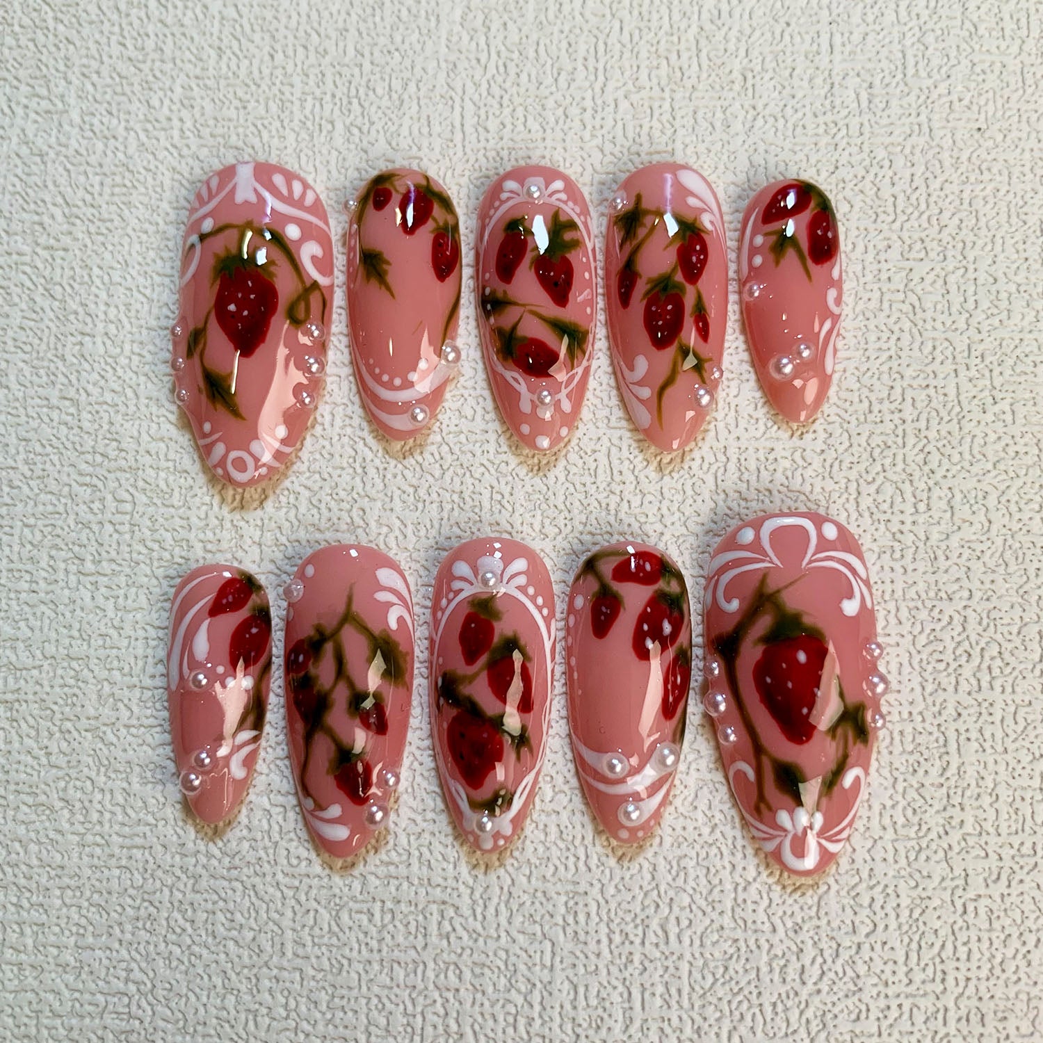 Strawberries Press On Nails, Cute Floral Pink Strawberry Nails