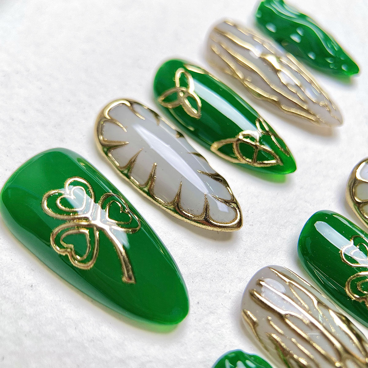 Emerald Trinity St. Patrick’s Day Press-On Nails – Green & Gold Irish Fake Nails
