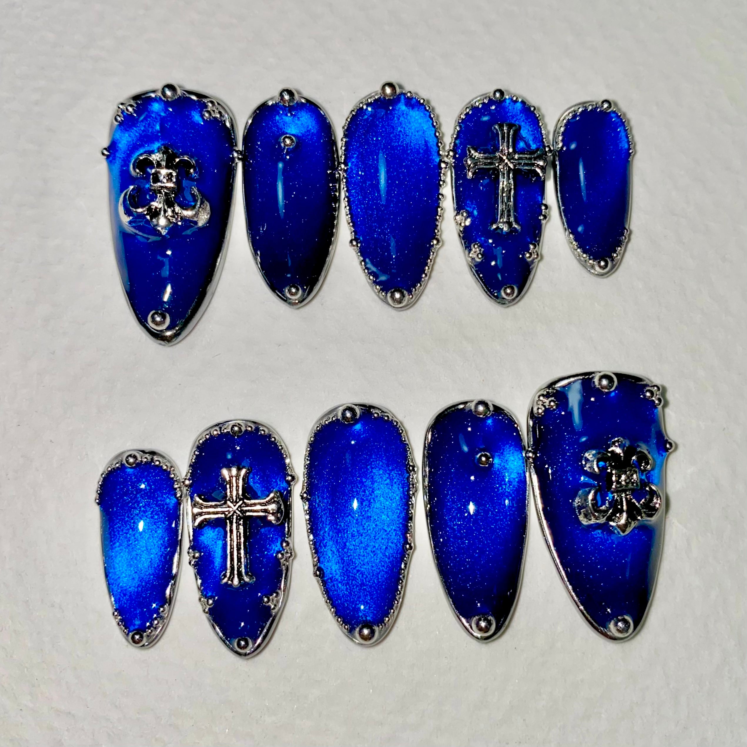 Blue Cat Eye Gothic Press-On Nails – Silver Chrome Cross & Fleur de Lis Fake Nails