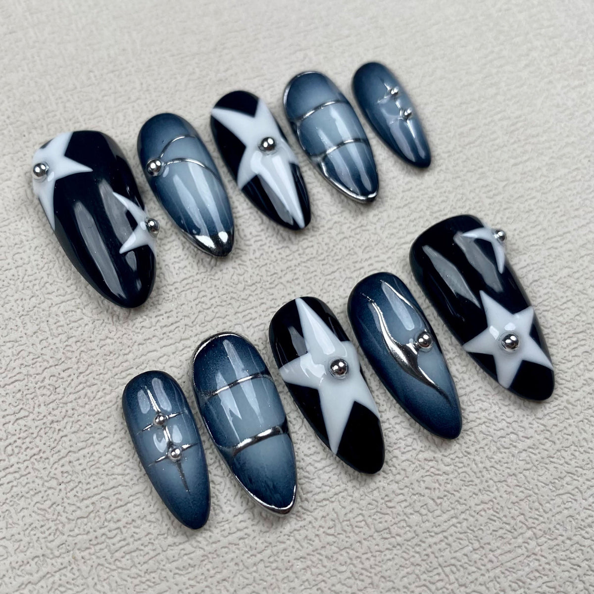 Black Purple Press On Nails, Y2K Spring Summer Stars Nails