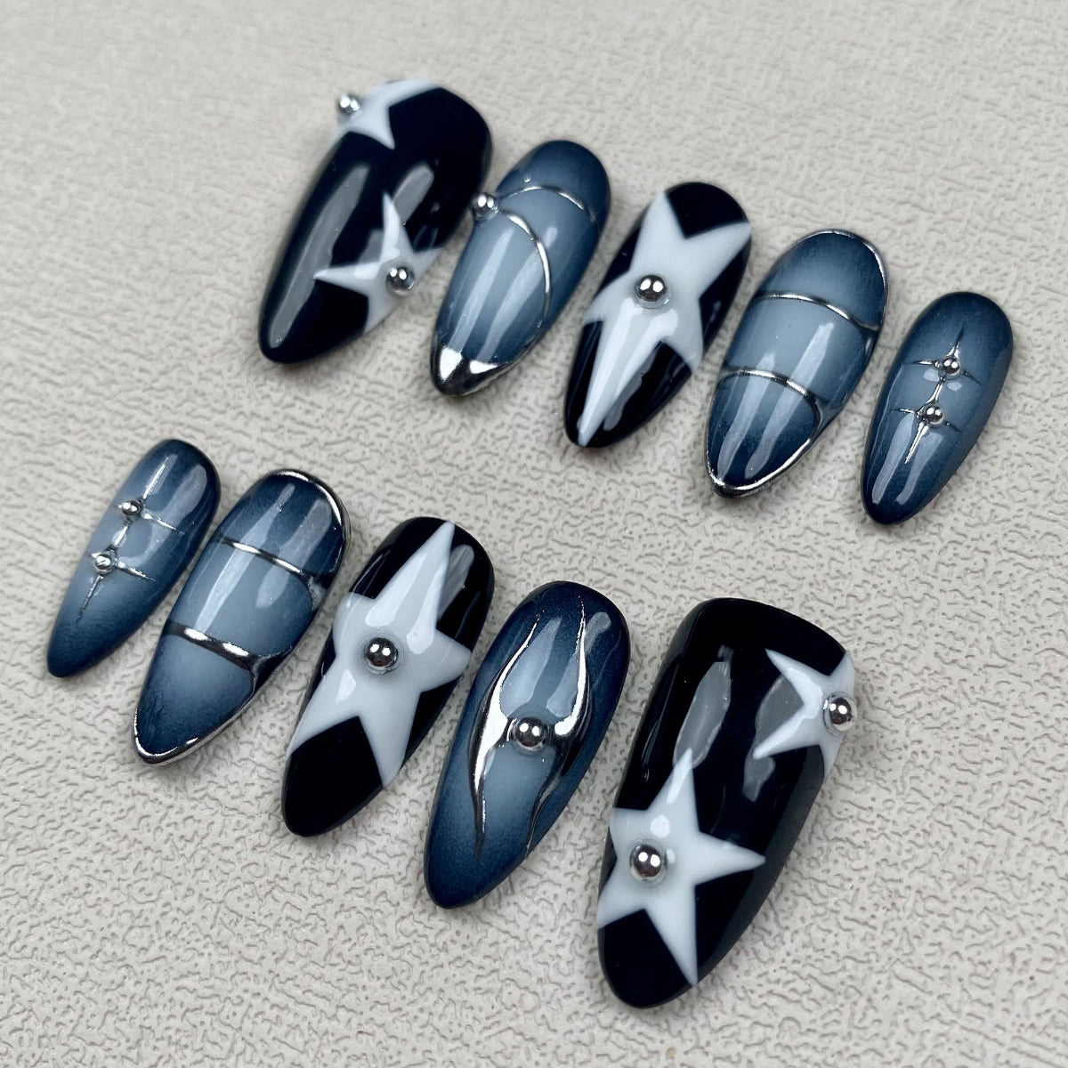 Black Purple Press On Nails, Y2K Spring Summer Stars Nails
