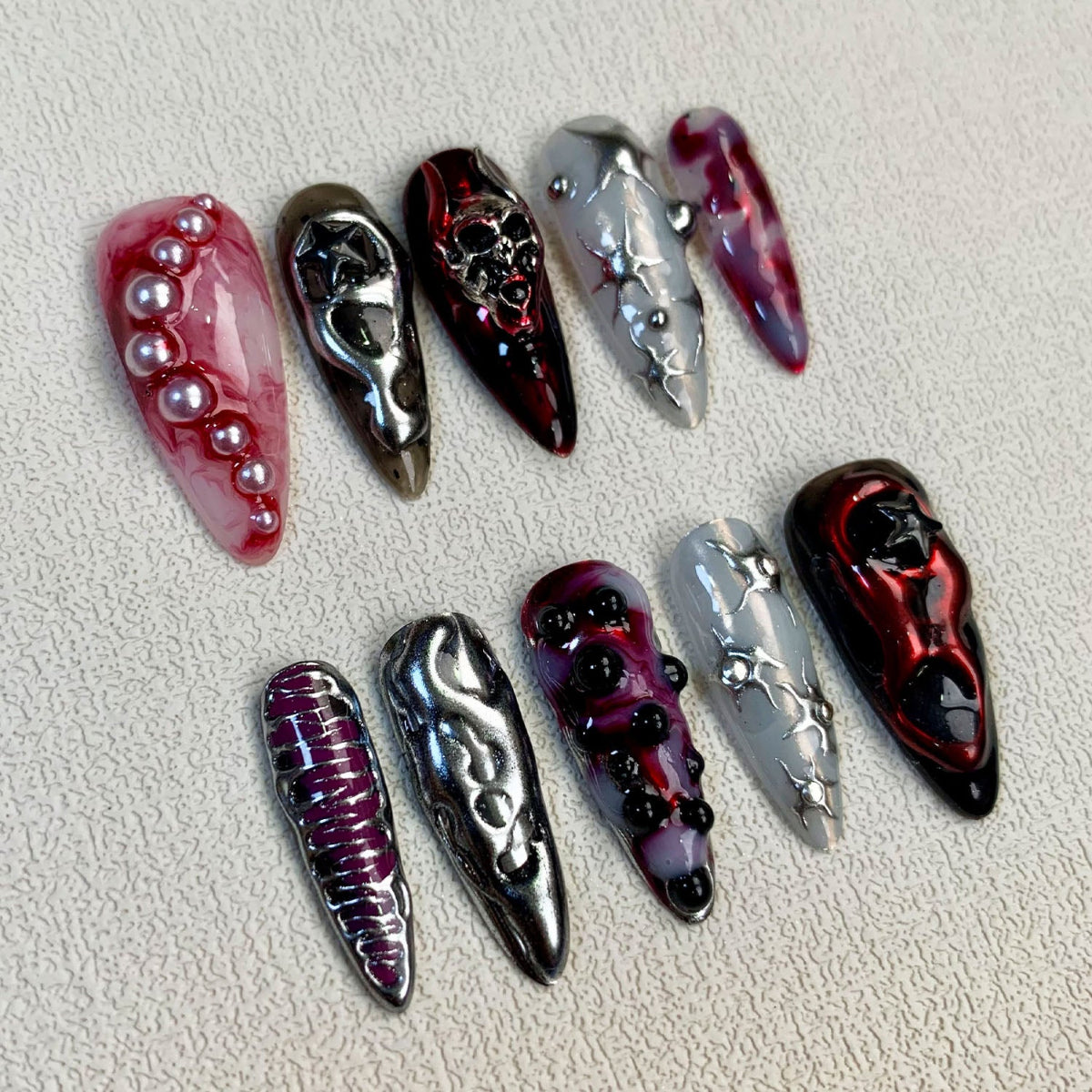 Scary Red Blood Press On Nails, Gothic Punk Rock Skull Nails, Goth Y2K Nails