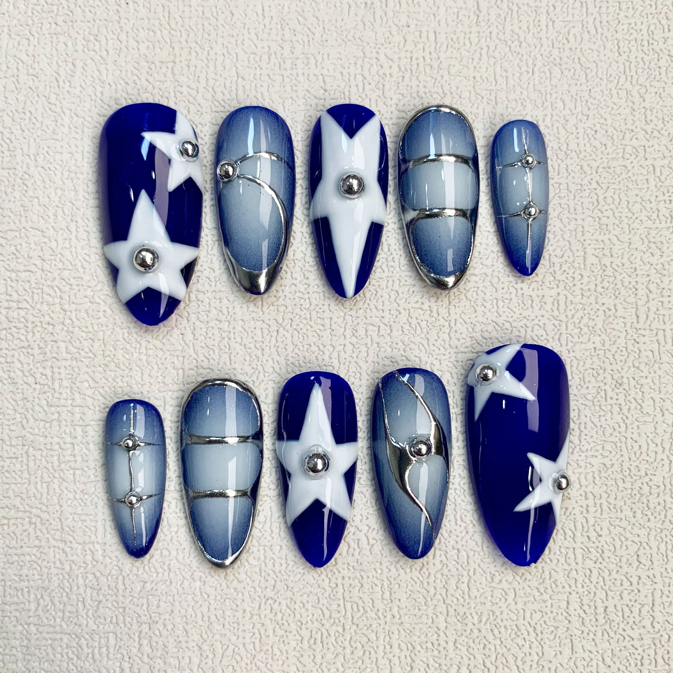 Blue Press On Nails, Y2K Spring Summer Stars Nails