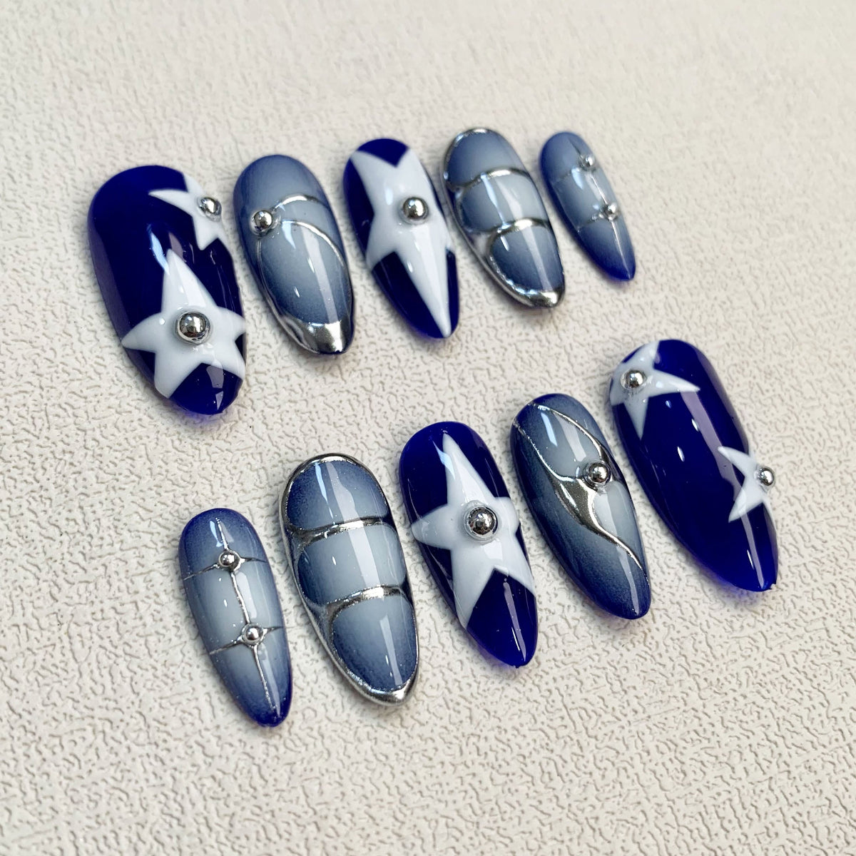 Blue Press On Nails, Y2K Spring Summer Stars Nails