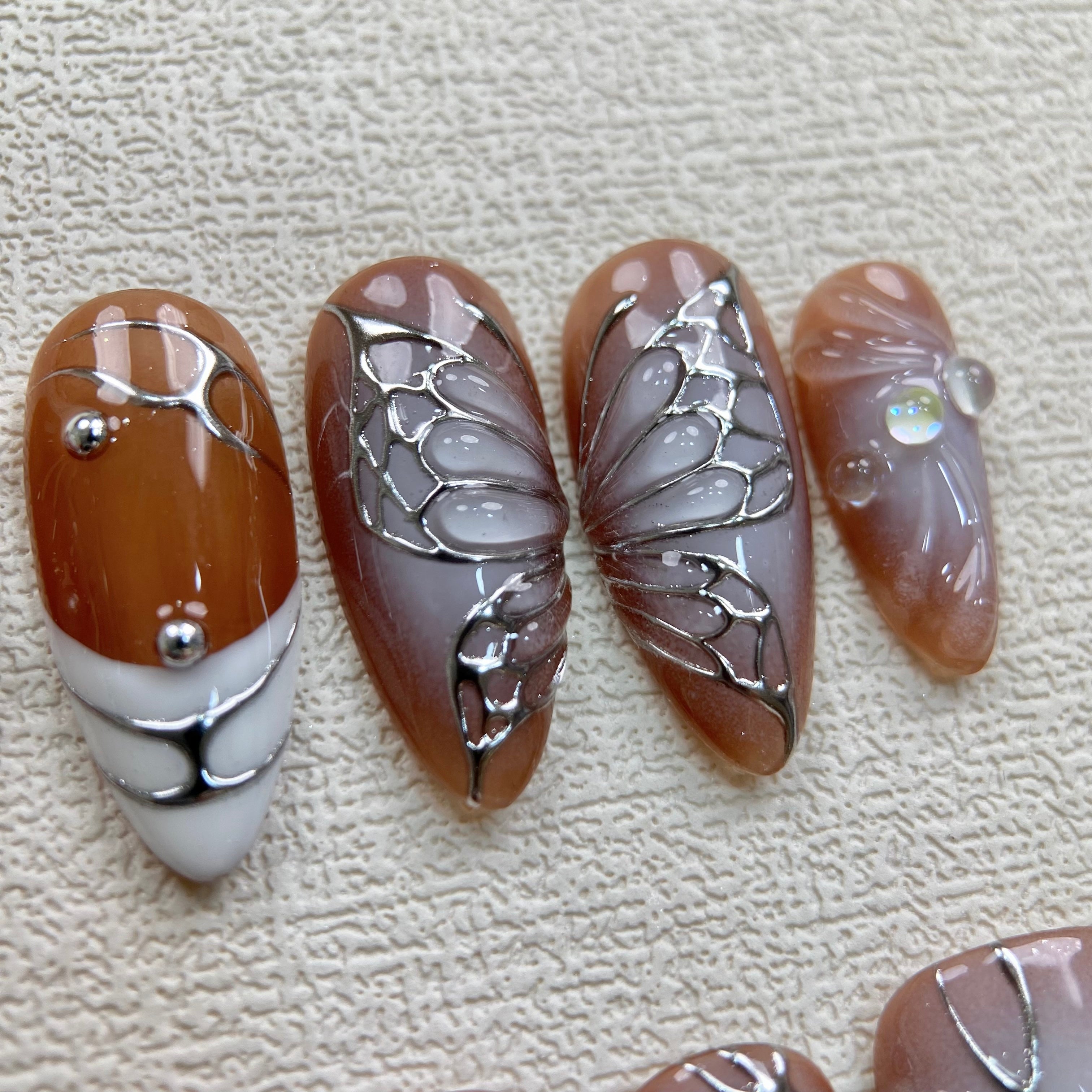 Custom Brown Press On Nails, Y2K Trending Silver Chrome Butterfly Press On Nails, Darknailz