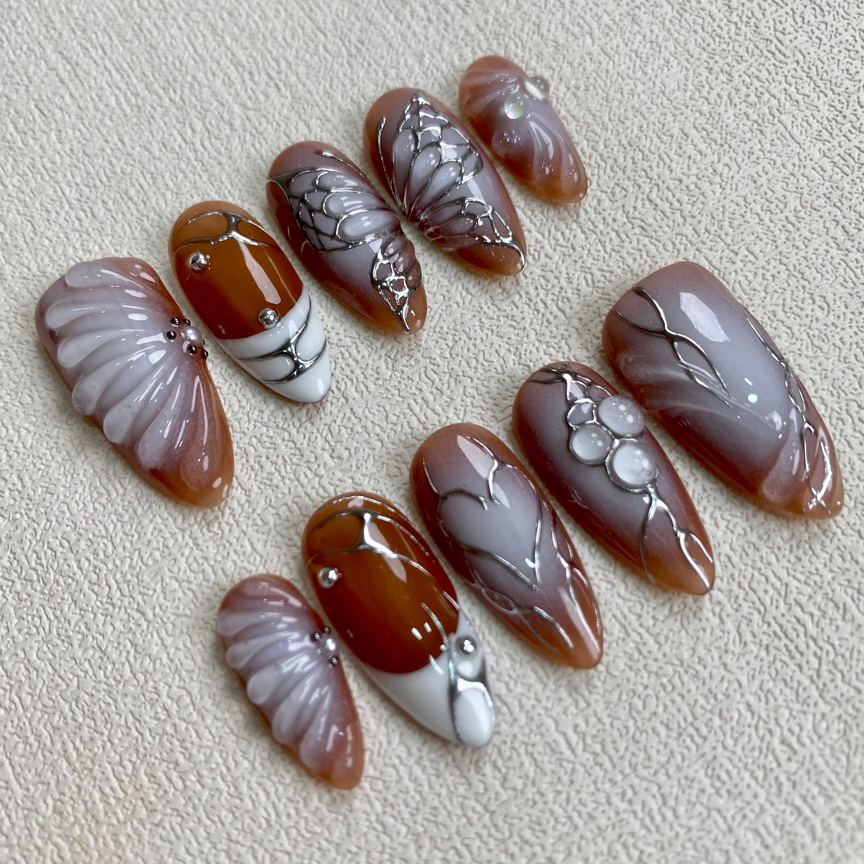 Custom Brown Press On Nails, Y2K Trending Silver Chrome Butterfly Press On Nails, Darknailz