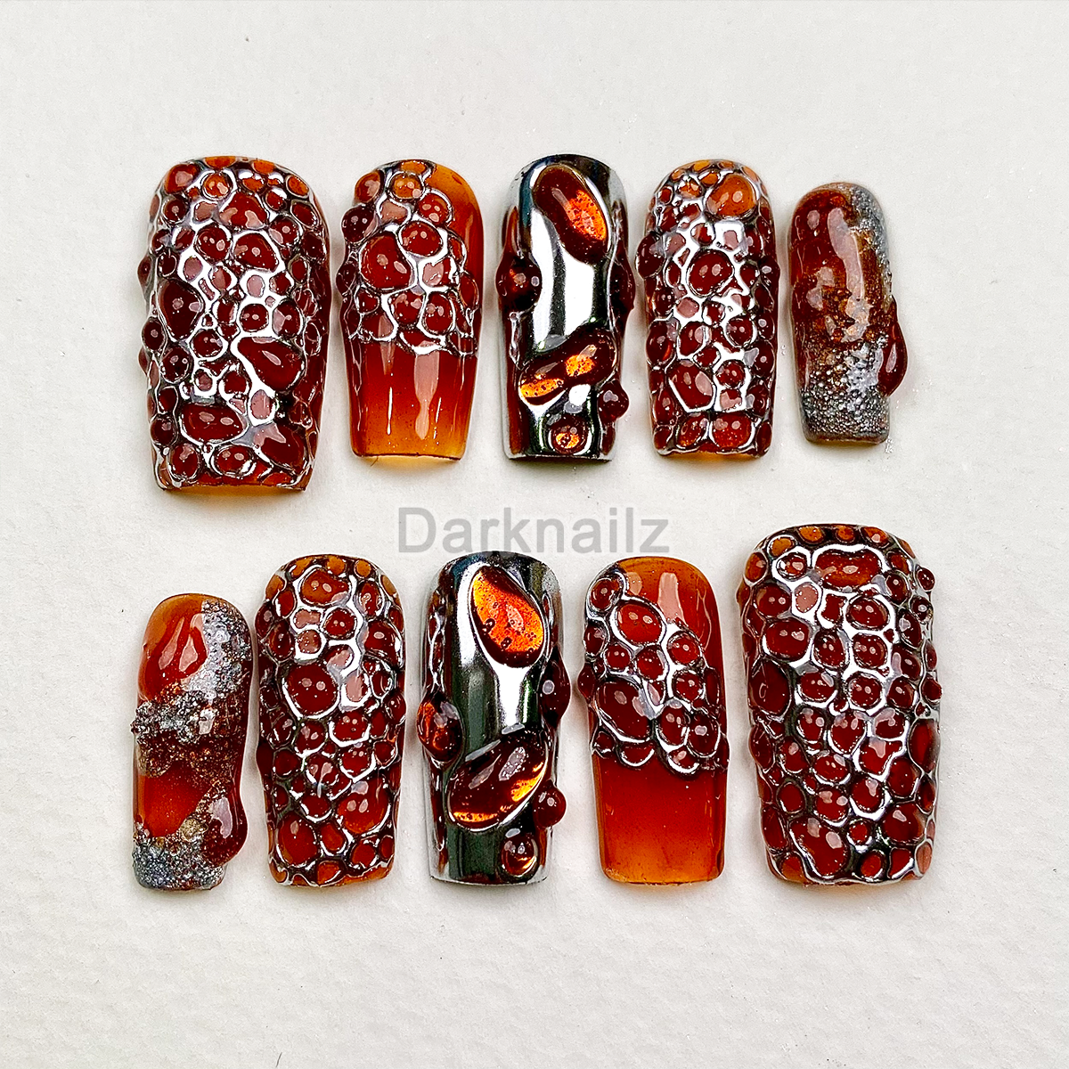Molten Amber Lava Press-On Nails – Burnt Orange Chrome Fake Nails