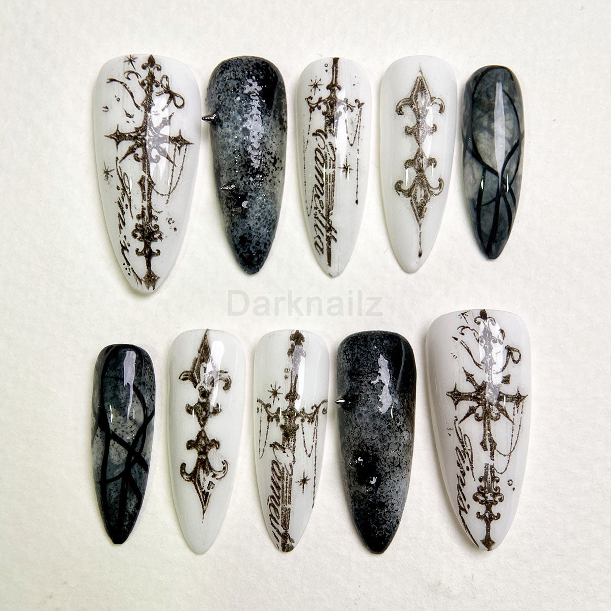 Ancient Cipher Gothic Press-On Nails – White Black Cybersigilism Fake Nails