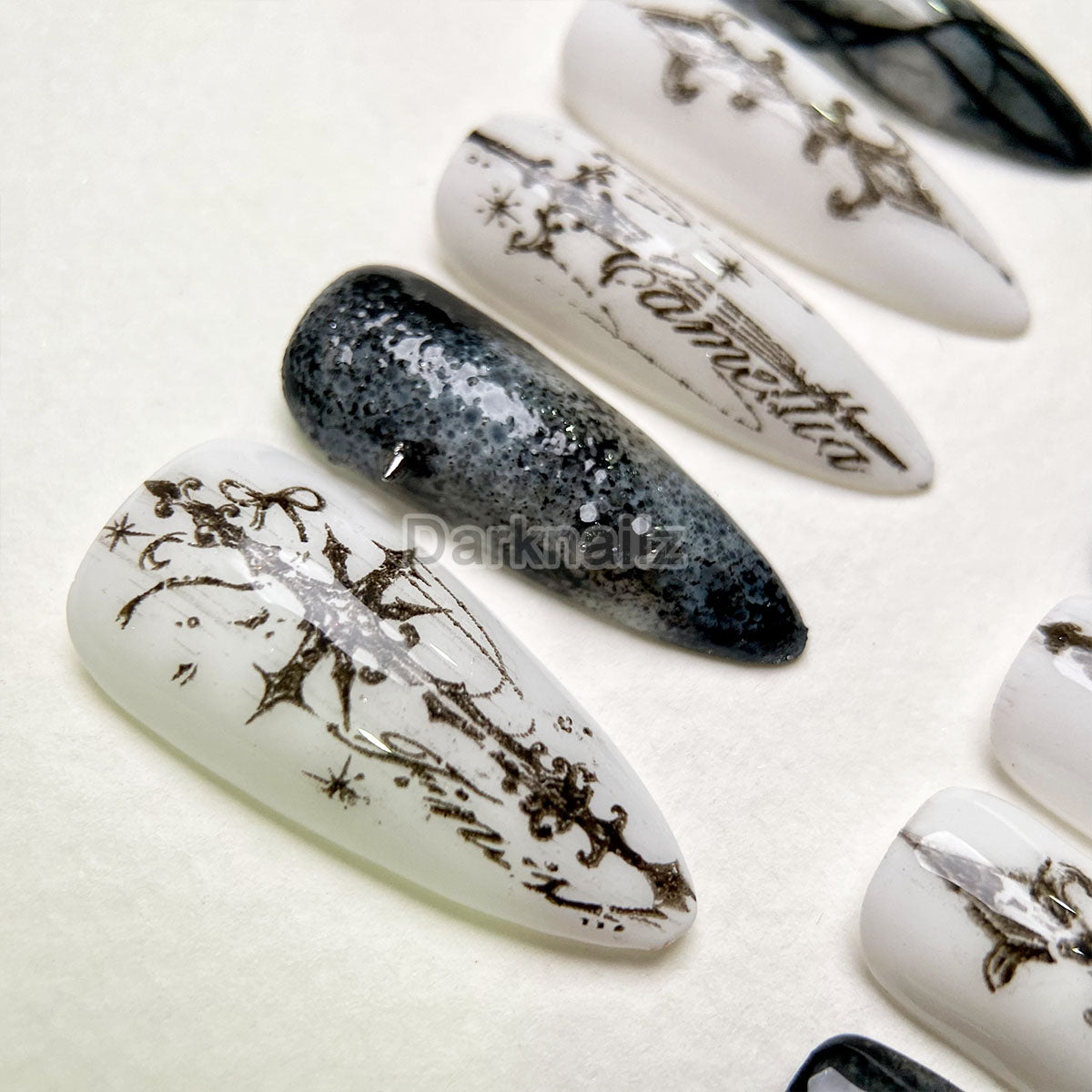 Ancient Cipher Gothic Press-On Nails – White Black Cybersigilism Fake Nails