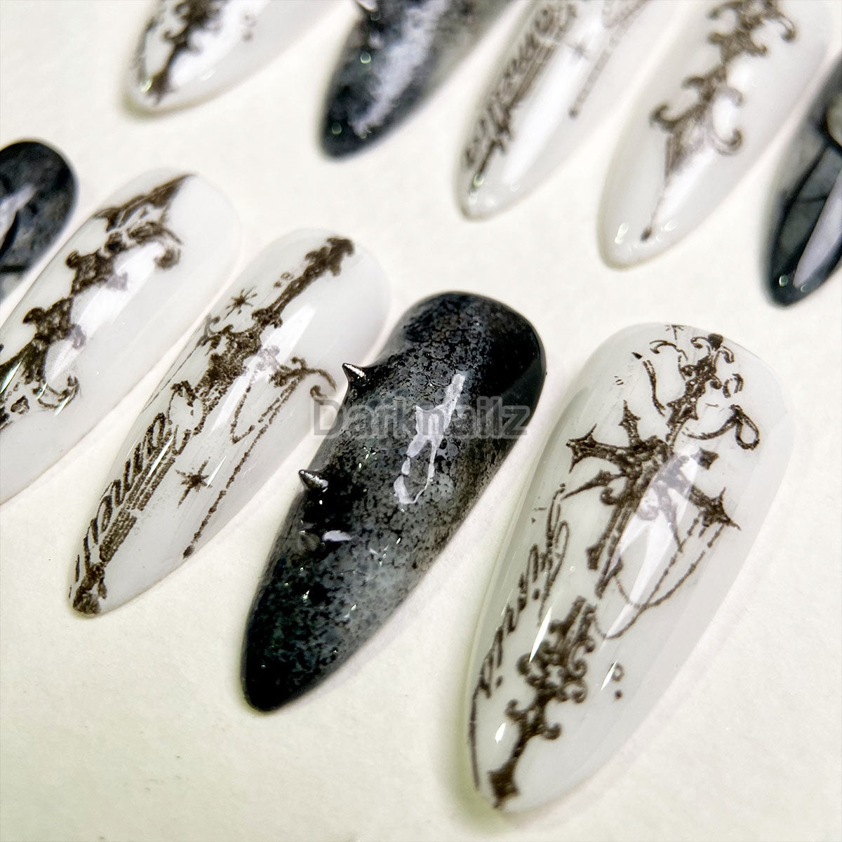 Ancient Cipher Gothic Press-On Nails – White Black Cybersigilism Fake Nails
