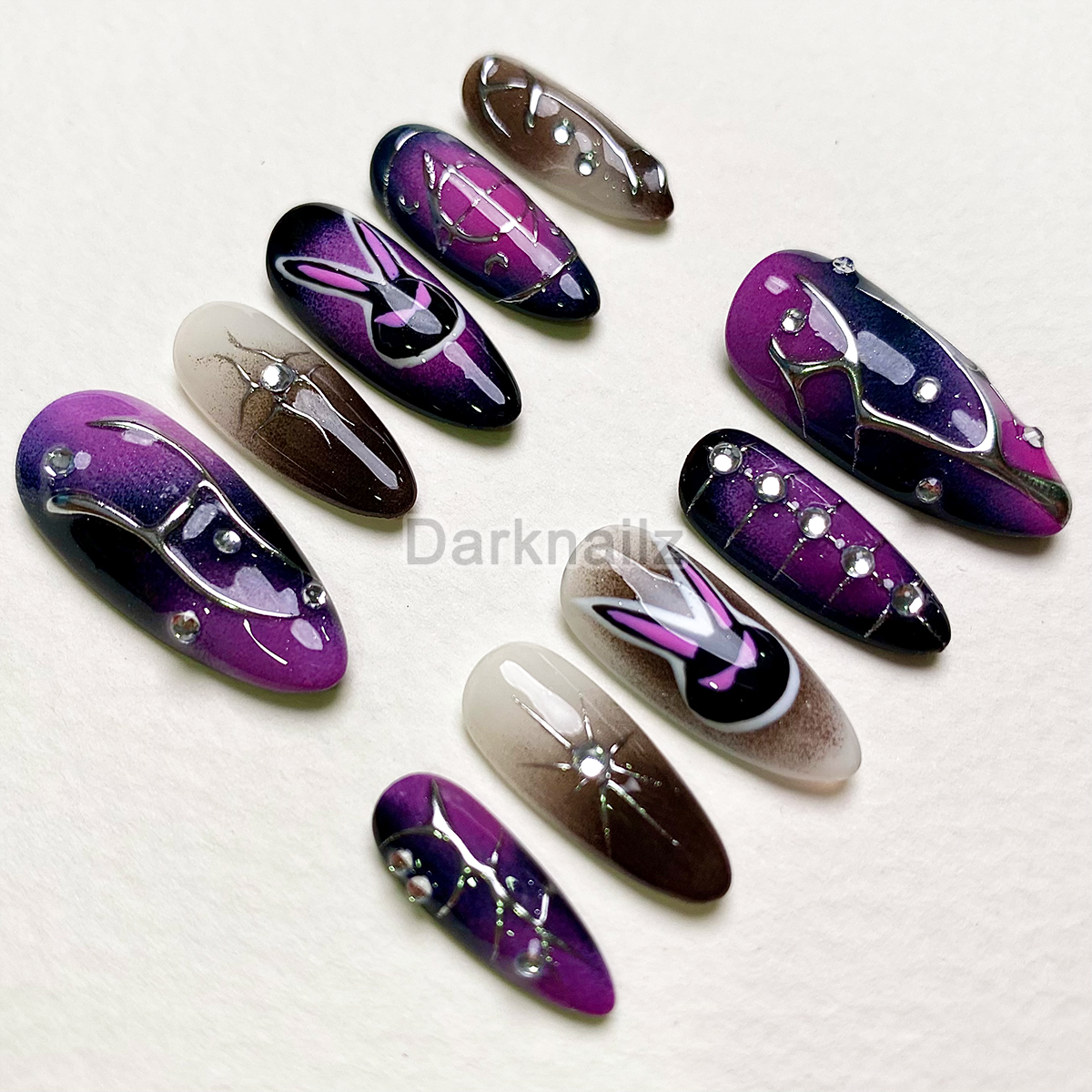 Midnight Bunny Aura Press-On Nails – Purple & Black Gothic Fake Nails