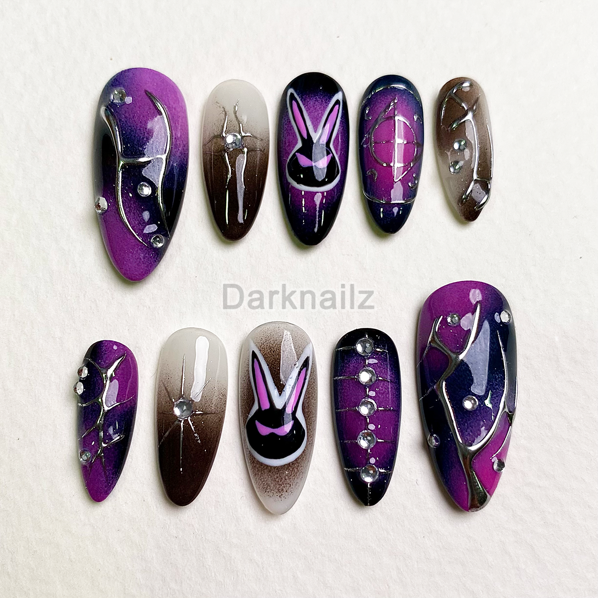 Midnight Bunny Aura Press-On Nails – Purple & Black Gothic Fake Nails