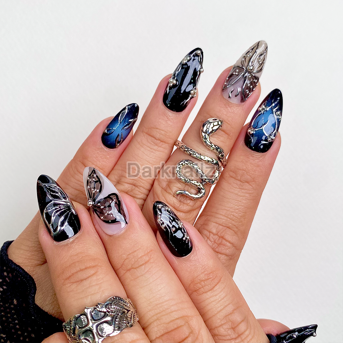 Black Butterfly Press On Nails, Gothic Punk Rock Nails, Goth Butterflies Y2K Fake Nails