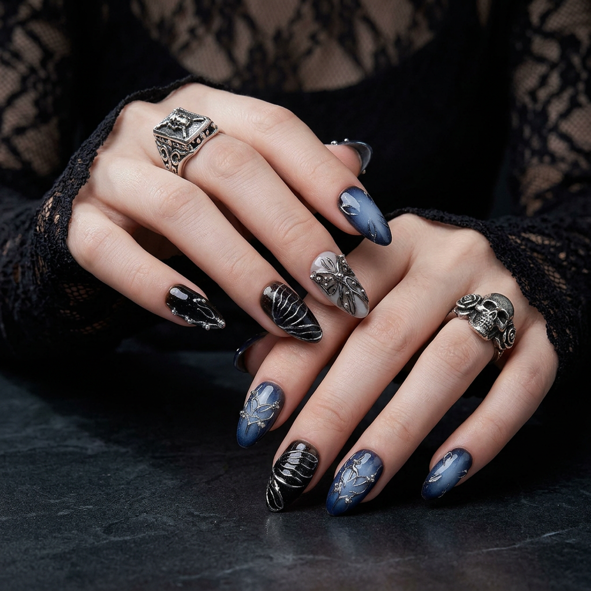 Black Butterfly Press On Nails, Gothic Punk Rock Nails, Goth Butterflies Y2K Fake Nails