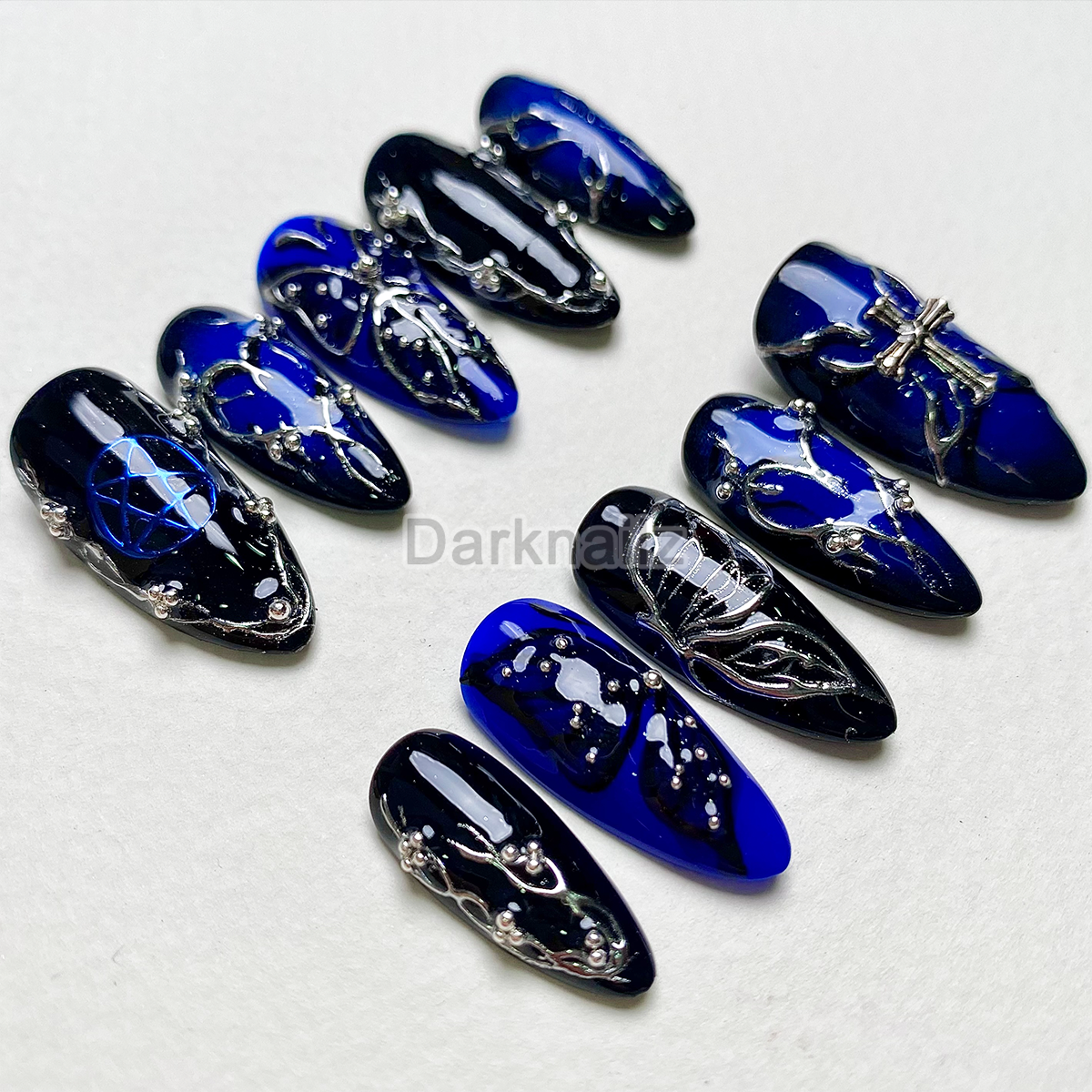 Midnight Sapphire Cross Press-On Nails – Blue Black Gothic Fake Nails