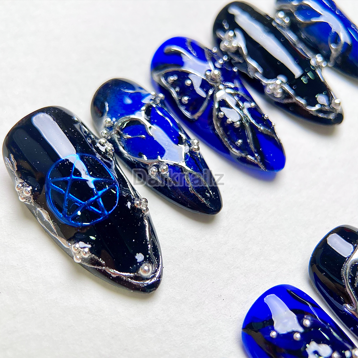 Midnight Sapphire Cross Press-On Nails – Blue Black Gothic Fake Nails