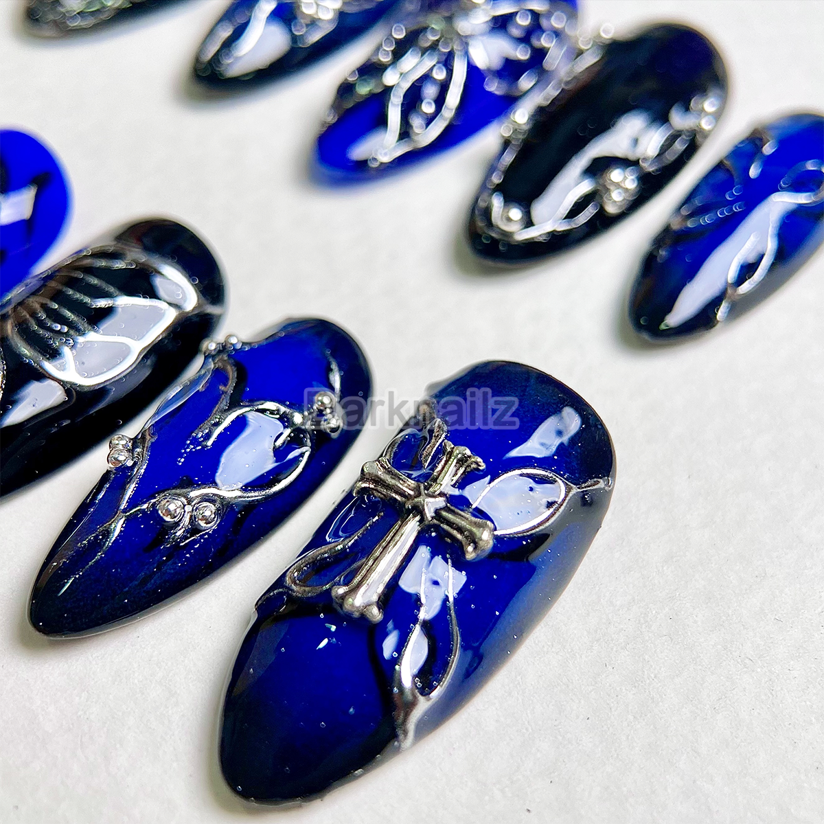 Midnight Sapphire Cross Press-On Nails – Blue Black Gothic Fake Nails