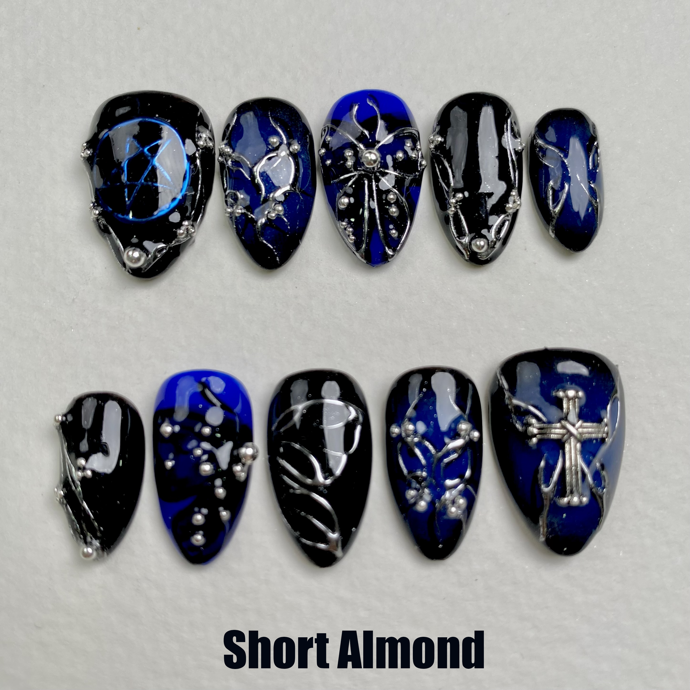 Midnight Sapphire Cross Press-On Nails – Blue Black Gothic Fake Nails