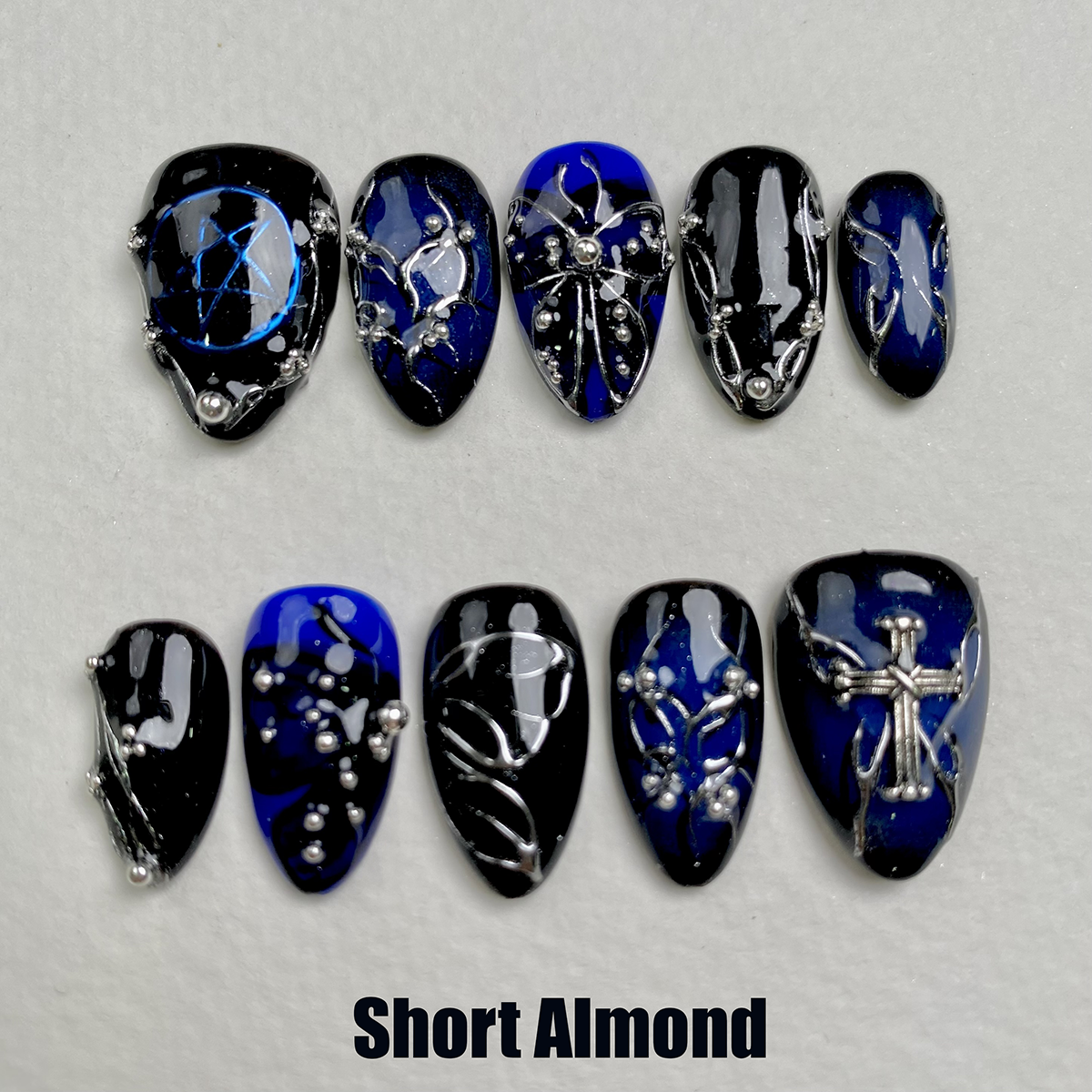 Midnight Sapphire Cross Press-On Nails – Blue Black Gothic Fake Nails