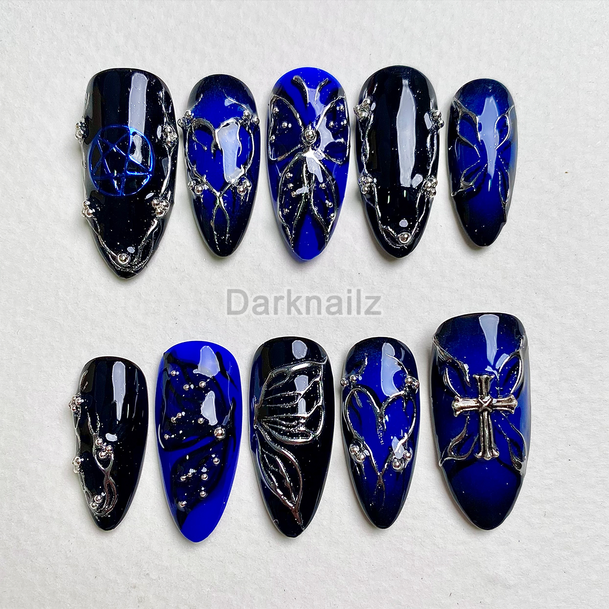 Midnight Sapphire Cross Press-On Nails – Blue Black Gothic Fake Nails
