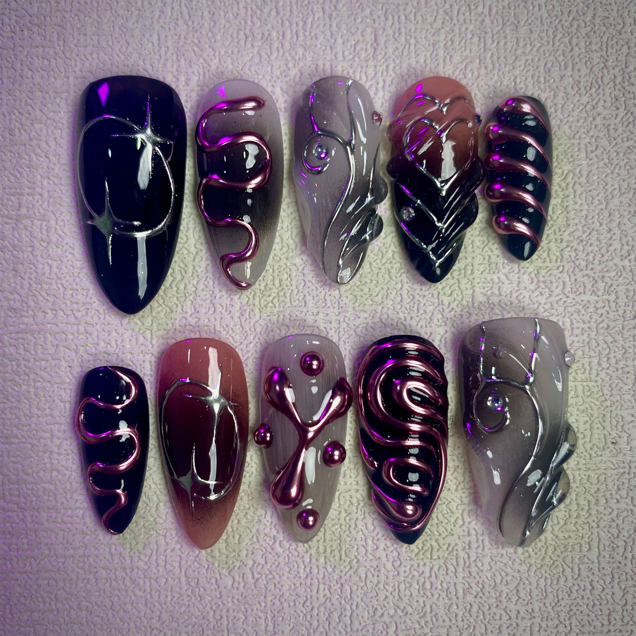 Dark Pink Chrome Mirror Press On Nails, Gothic Punk Rock Nails, Goth Black Pink Mirror Effect Fake Nails DarkNailz