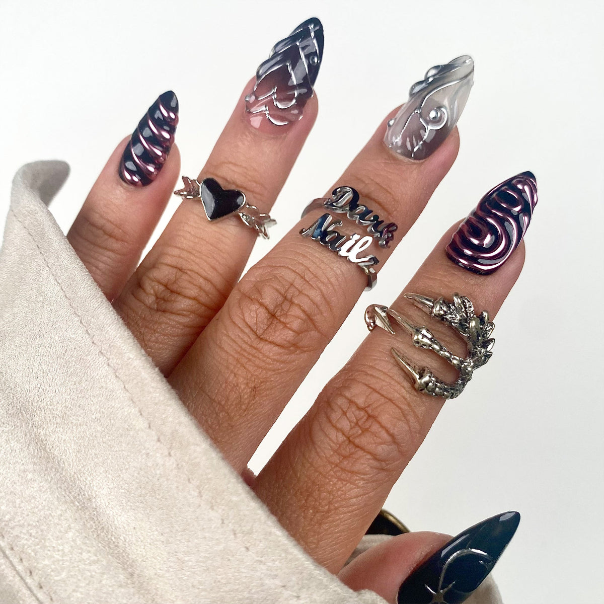 Dark Pink Chrome Mirror Press On Nails, Gothic Punk Rock Nails, Goth Black Pink Mirror Effect Fake Nails DarkNailz