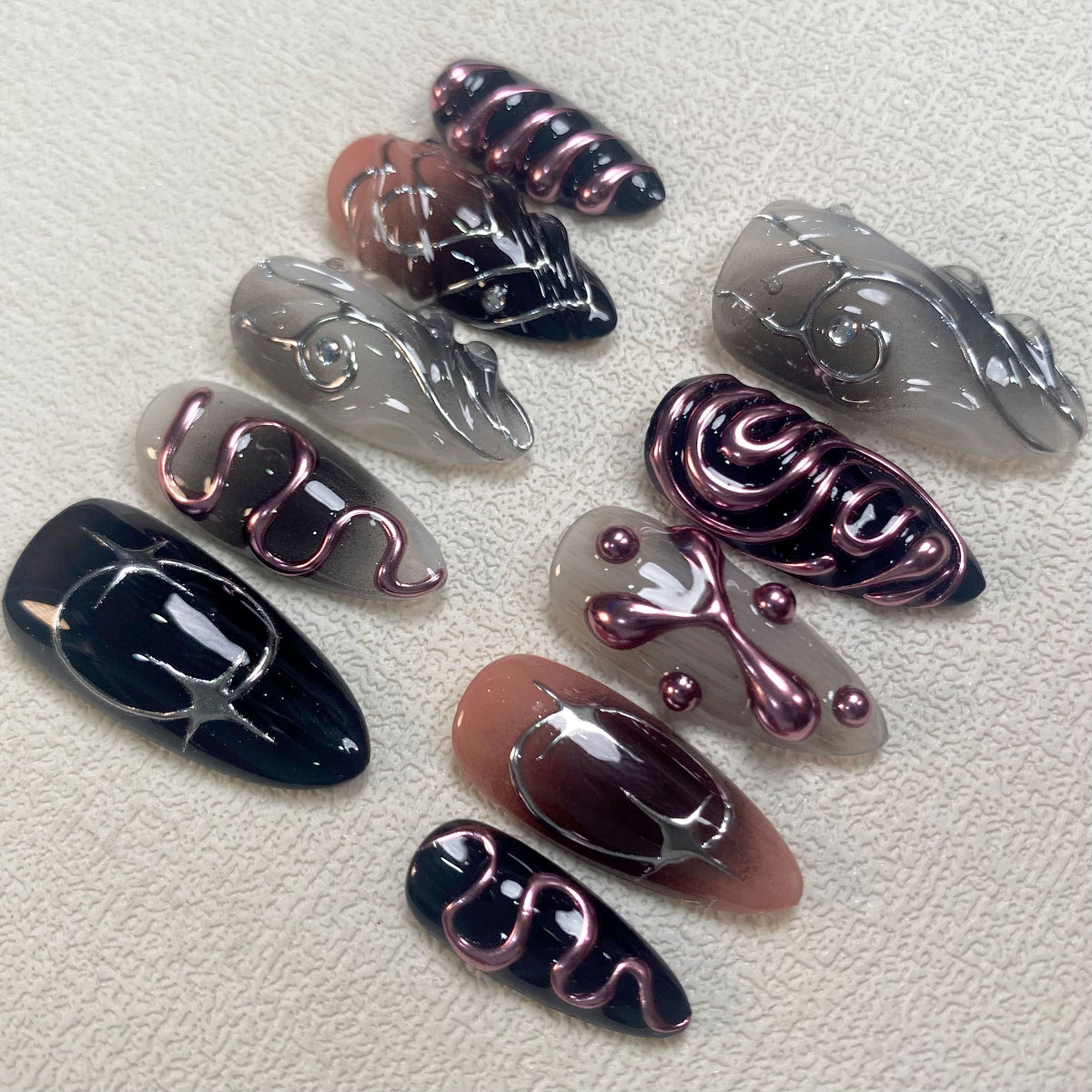 Dark Pink Chrome Mirror Press On Nails, Gothic Punk Rock Nails, Goth Black Pink Mirror Effect Fake Nails DarkNailz