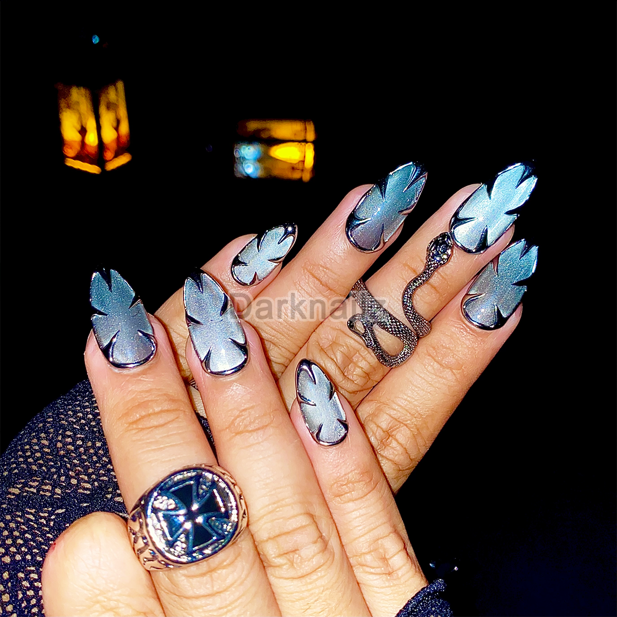 Custom Cat Eye Press On Nails, Gothic Punk Rock Silver Chrome Fake Nails | Darknailz
