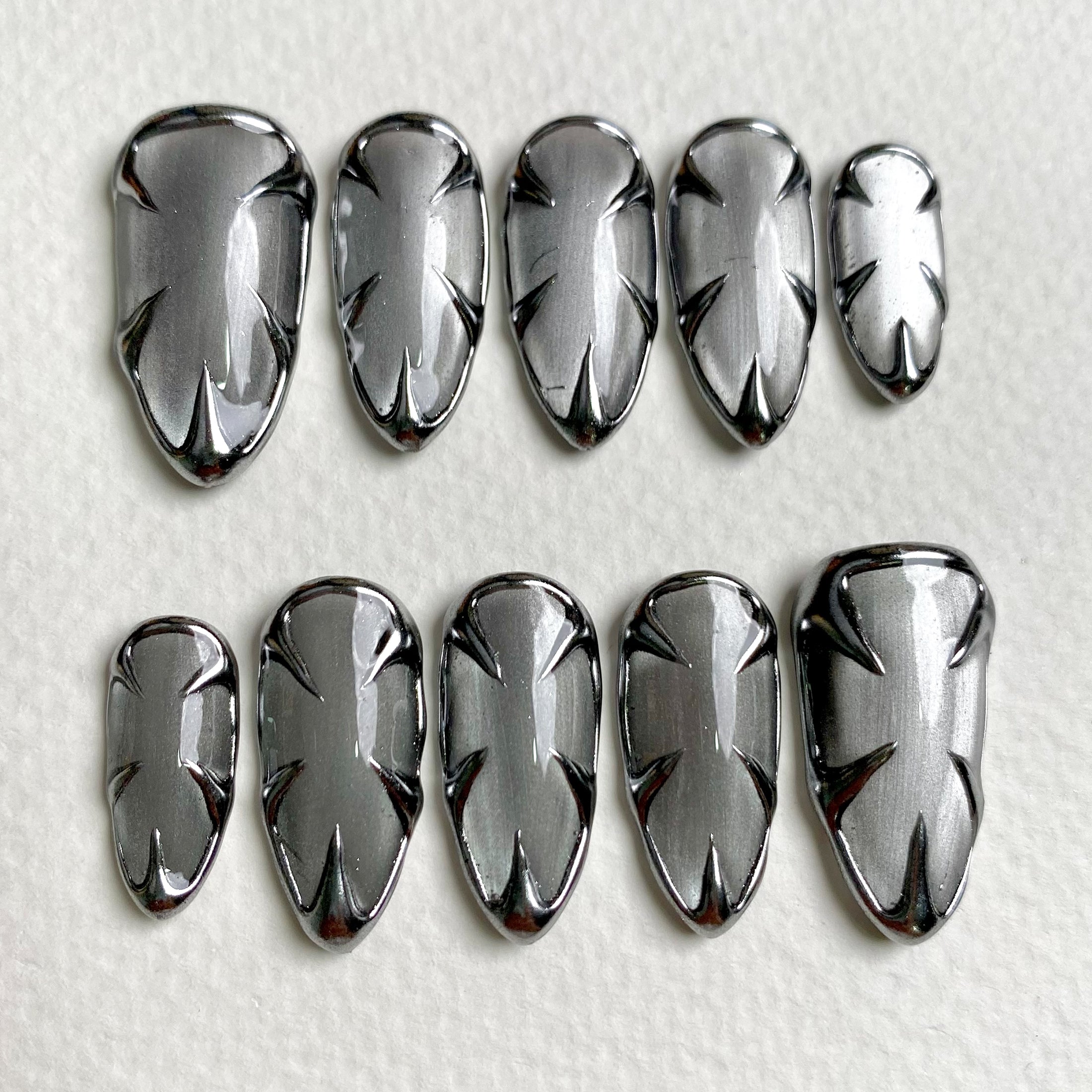 Custom Cat Eye Press On Nails, Gothic Punk Rock Silver Chrome Fake Nails | Darknailz