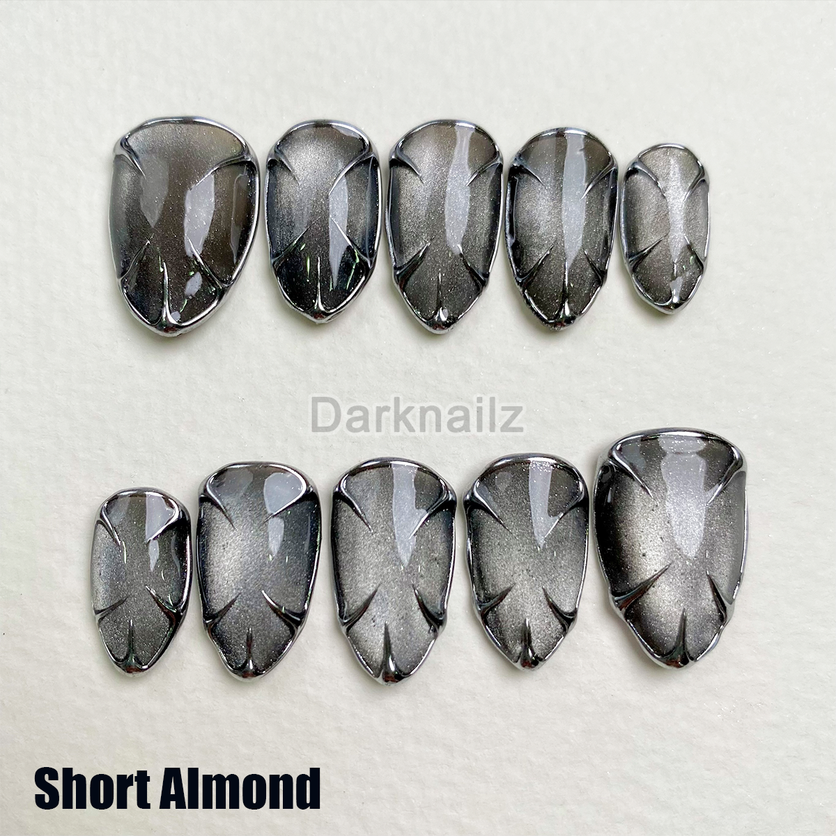Custom Cat Eye Press On Nails, Gothic Punk Rock Silver Chrome Fake Nails | Darknailz
