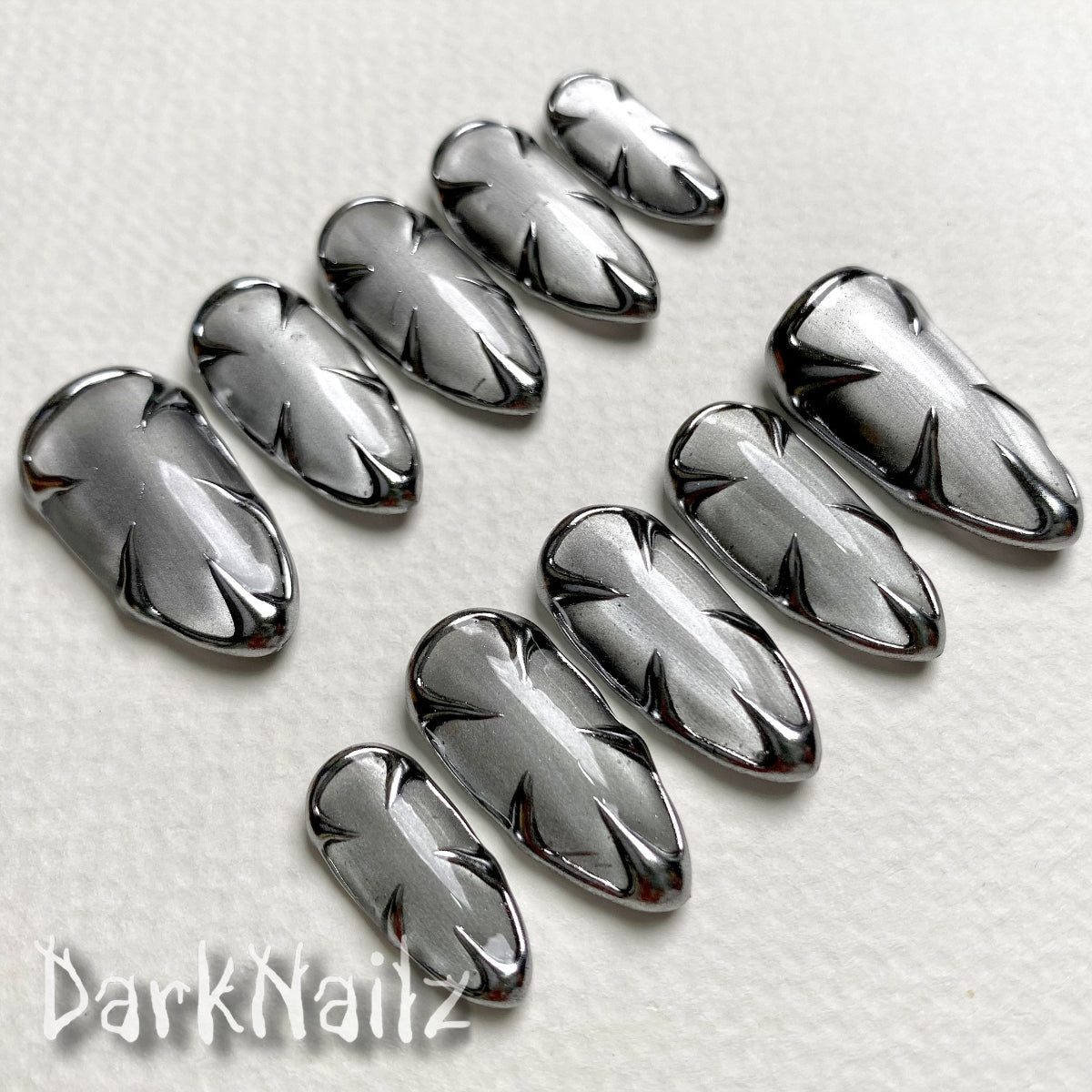 Custom Cat Eye Press On Nails, Gothic Punk Rock Silver Chrome Fake Nails | Darknailz